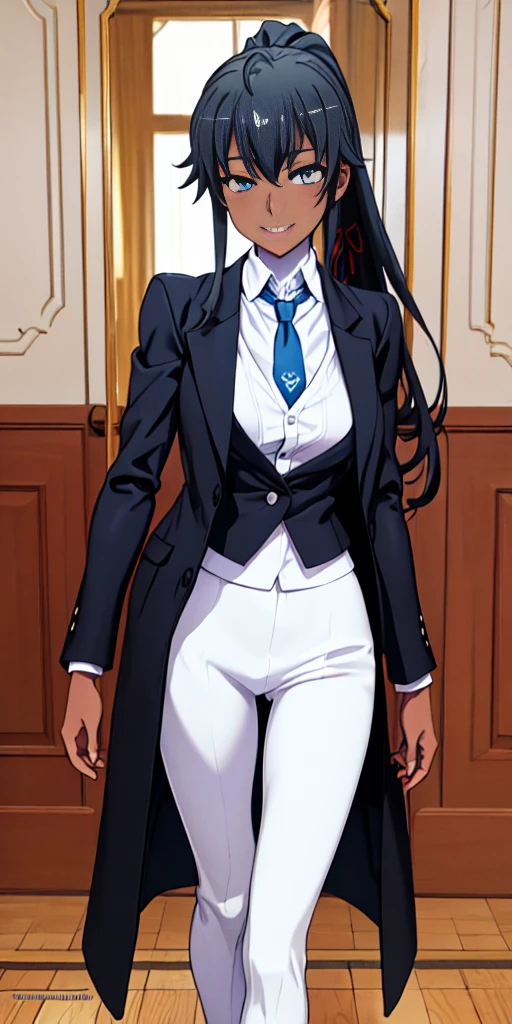 ((best quality)), ((masterpiece)), (detailed) 1girl 1girl, ;\), blurry, blurry_background, breasts, , hair_ponytail ribbon, looking_at_viewer, ok_sign, one_eye_closed, open_hand, Yukinoshita Yukino ,Woman wearing formal clothes, An attractive coat stands in a large gap in the room , 1girl, solo, blue necktie, Black hair, eyes blue, long hair, smile , collared shirt, white pants, white shirt , Elegantly designed coat , Stand in front of a window ,Perfectly tailored tailcoat. It has a stunning Victorian design and is made of lustrous fabric, dark skin gyaru black skin