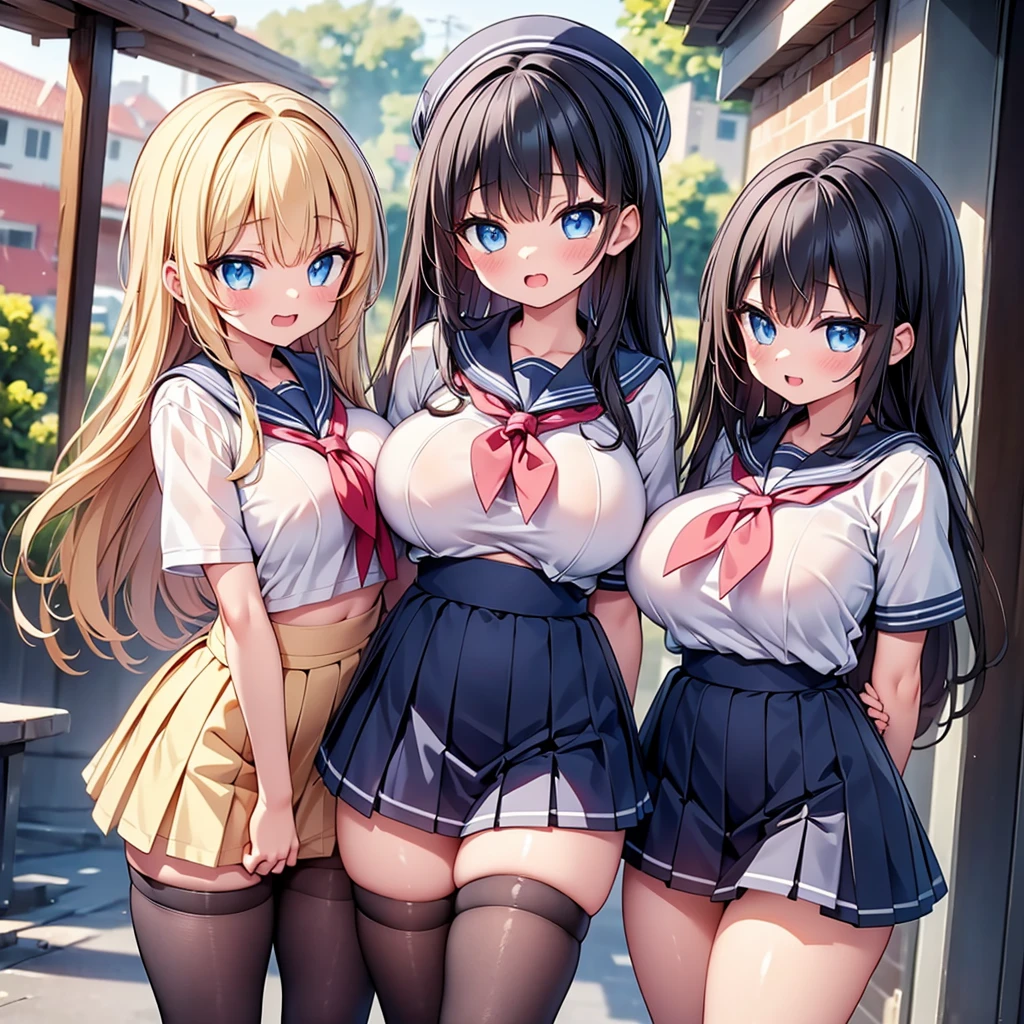 (cute eyes:1.2), (sparkling eyes:1.2),highest quality,wonderful,finely,extremely detailed CG Unity 8K wallpaper, (Stand in line:1.2), (3 girls, sailor uniform, clothed), (huge breasts), (open mouth:1.1), (long tongue:1.1), (mouth drool:1.1), (black stockings:1.1),(Thighs:1.1),(Waistline:1.1),(Waistline:1.1),(Underboob:1.1)