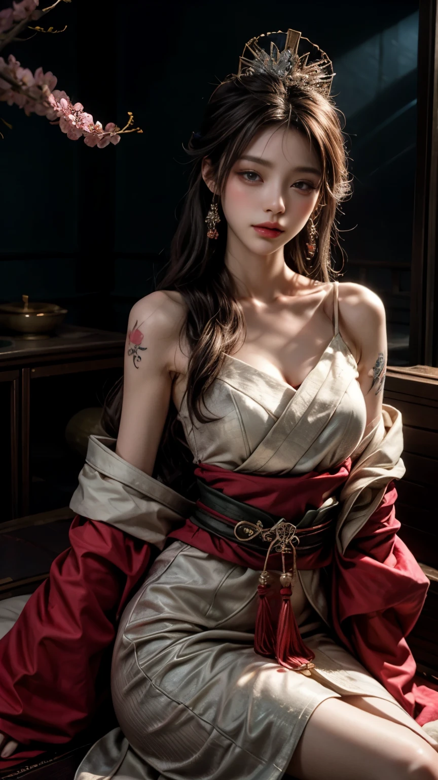 Portrait of a 21 year old saint,Charming Adult saint in a long dress made of thin silk, beautiful saint with an old face, Adult, She is wearing a bright pink colorful dress:1.5, beautiful face without blemishes, ((Hair length 7 colors:1.2)), large crown, Hair brooch, Hanfu Dress, chinese ancient style, Full Body Jewelry, 額のtattoo, faceのtattoo,Very even breasts, face, innocent face, The most beautiful and delicate pale pink lipstick, ((Thin and plump lips:0.3)), ((Golden Eyes Color:0.6)), Detailed and subtle lighting effects, Light and Dark, Dramatic lighting, Magic Light, Highly detailed light, Natural Color, Ultra Sharp, Realistic, 8K quality, Fantasy space background, A space of saints and magic, The most detailed image, ((alone:0.3)), ((to the saints:0.6)), ((saintを真っ直ぐ見つめる&#39;Upper Body:0.4)), ((Smooth skin:0.5)), ((saint&#39;Veil:0.6)),tattoo , フェイスtattoo,Oiran , Clothing made from jewels , cherry blossoms , 🌸 , grassland ,  Close your eyes and sleep on the chair.:1.5 