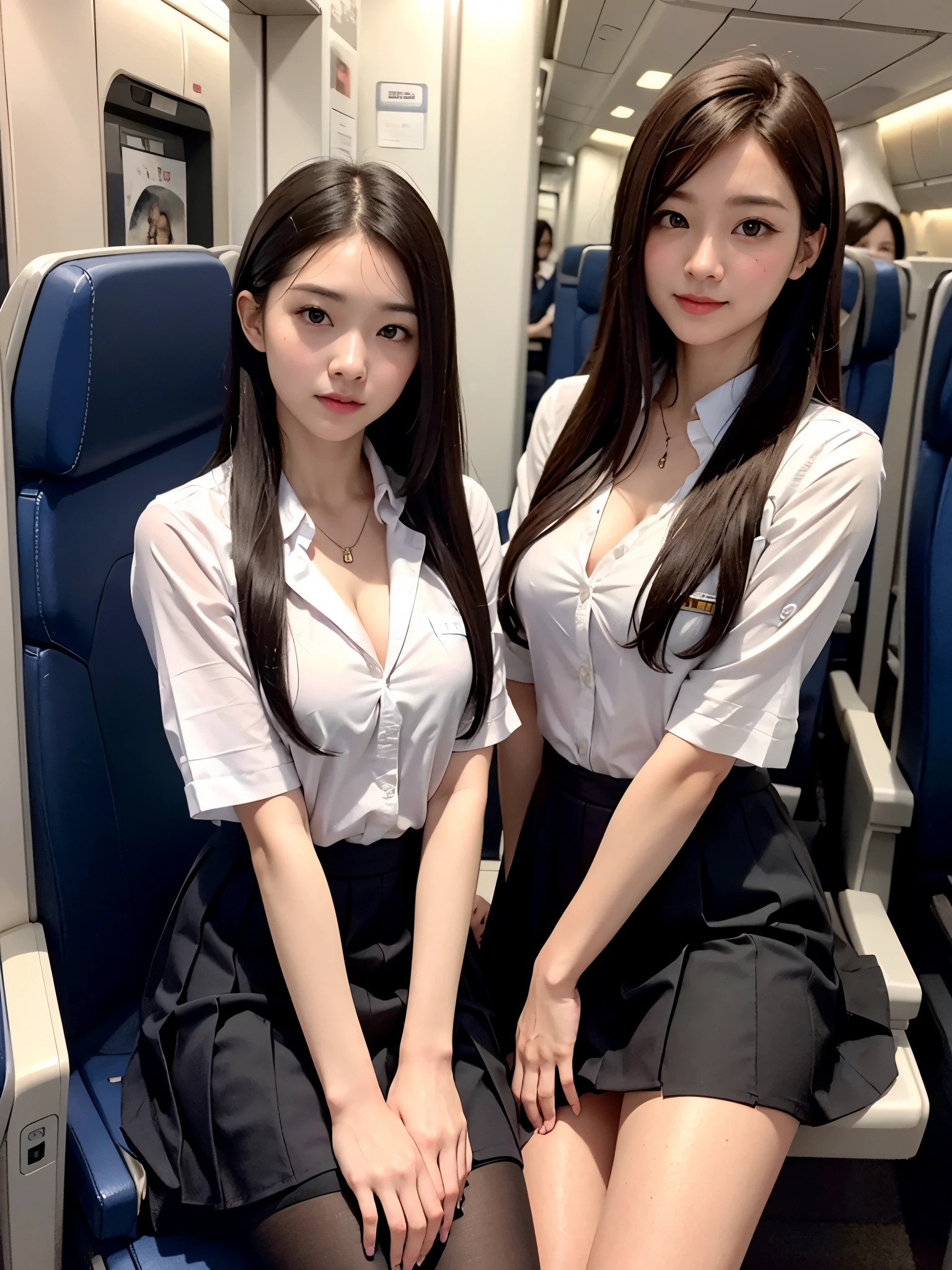 top-quality, masterpiece, 8K, 超A high resolution, (Photorealsitic:1.4), 1girl in、Beautiful face、symmetrical eye、Colossal tits、Perfect body proportion、Stewardess uniform、Look at viewers、(Inside the plane:1.2)、front-facing view、Shoulder、Absolute area(1.3)、A smile erotic school uniform ((Very short microskirt))