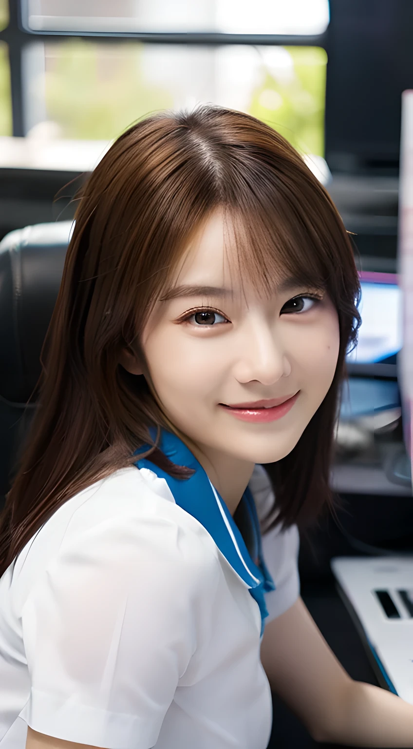 (Masterpiece, BestQuality:1.3), (ultra detailed 8k:1.2), (hyper realistic:1.35),(RAW photo:1.2),High detail RAW color photo, professional photograph, (Photorealistic:1.45), (realistic:1.4), BREAK 1girl, (beautiful girl:1.3), japanese Business woman,(Dynamic Pose: 1.2),(bewitching smile:1.3), (super beautiful woman:1.3), beautiful skin, detailed black eyes, detailed face, white shirt with collars, waist up, upper body,20 yo,office lady, BREAK at office floor, profesional lighting,PC desk