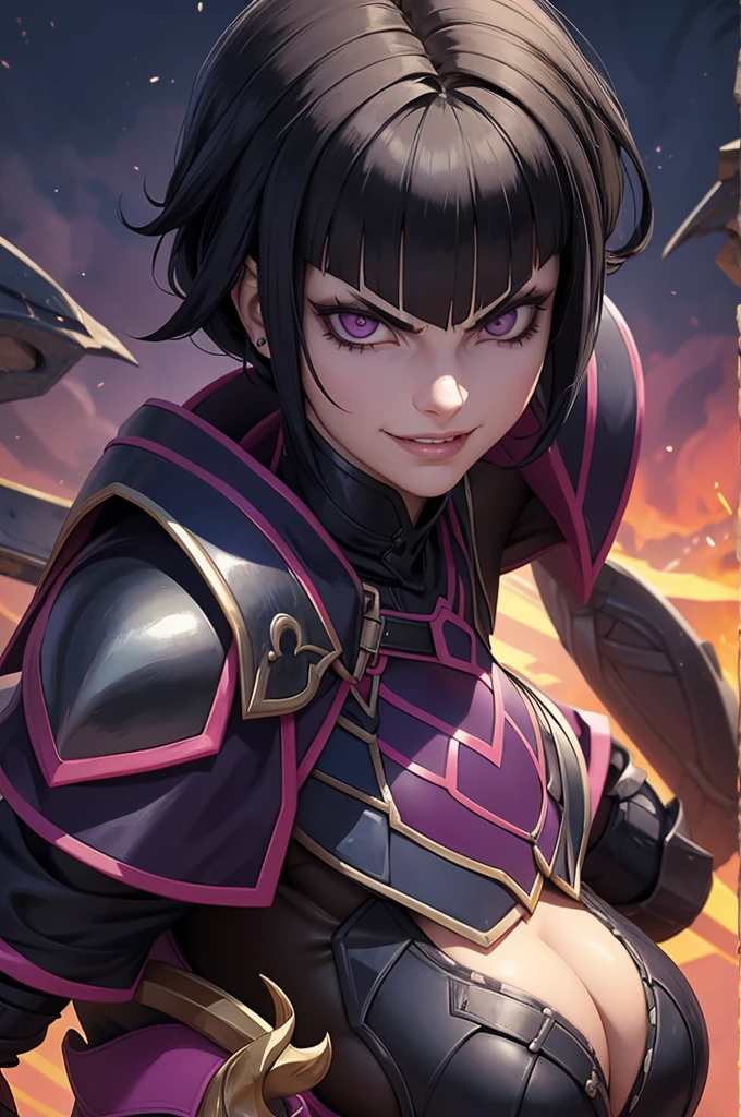 mulher jovem,short black hair , badass , full ancient armor,coxas torneadas,Evil Smile,chifres de cabelo,juri han 

