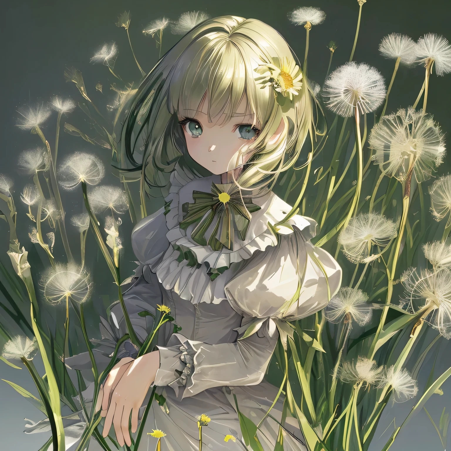 Dandelion-themed artwork, ((highest quality)), High resolution, 8k, Cinematic Light, High Contrast, Written boundary depth, Strong brilliance, Detailed Background, One Girl, cute, fine grain, Shining Eyes, Detailed Iris,bright、Hilarious