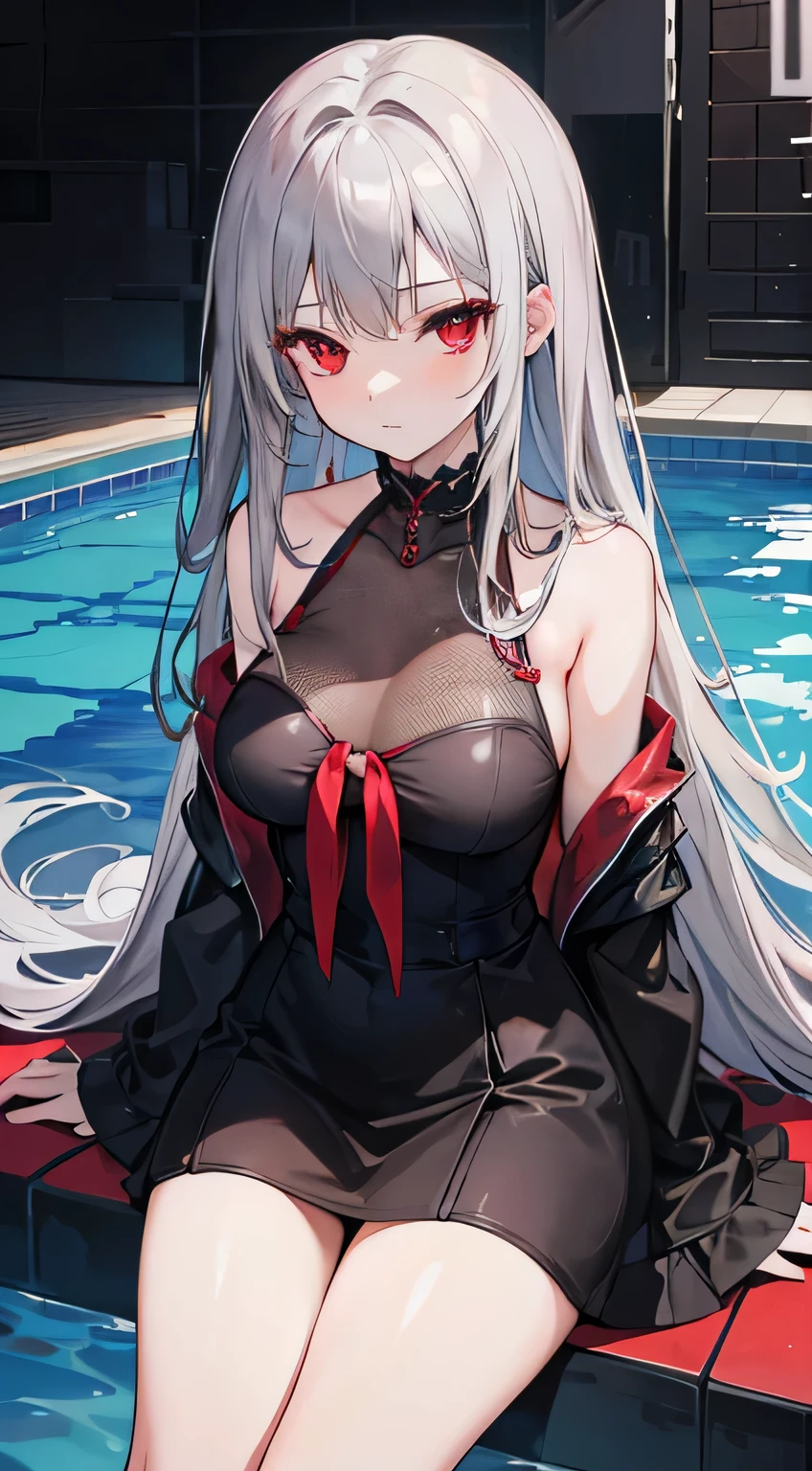 high quality, masterpiece, Very detailed,Long Hair, beautiful girl,Gray Hair,Red eyes,chest,Black dress,Black fishnet stockings,Looking at the camera,Pool,Sitting