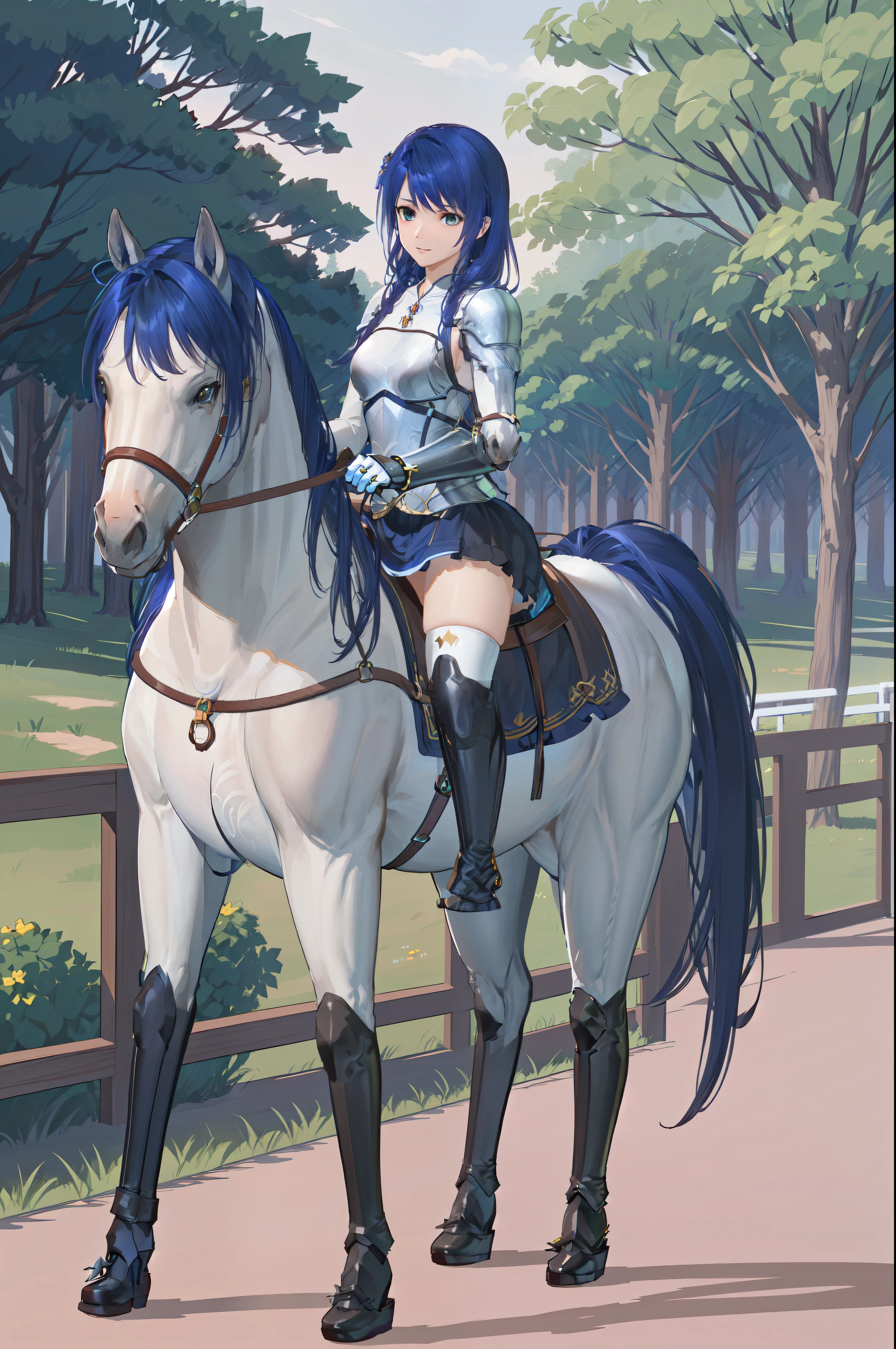 ((best quality)), ((anime masterpiece)), (detailed), 4k, realistic, perfect face, female knight, from side, long hair, female knight (blue armor, blue miniskirt, blue boots), horseback riding, horse riding, (white horse, saddle, stirups, reins: 1.5), walking: 1.5, beautiful forest, best scenery, from side, anatomically correct