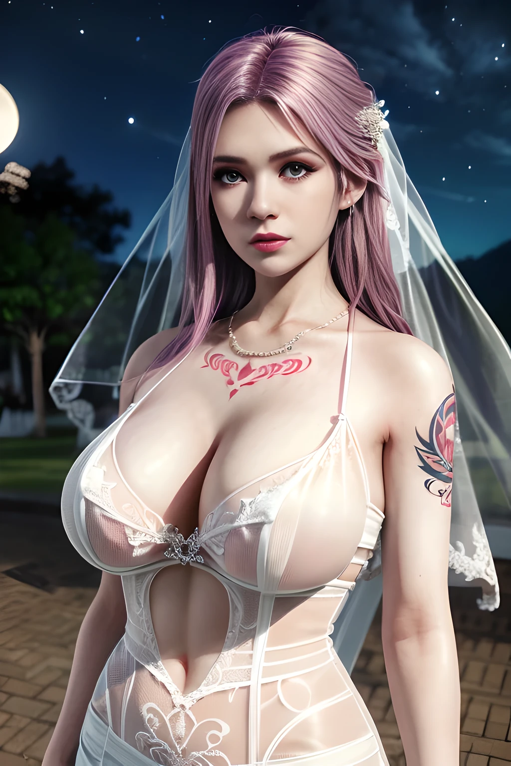 1 girl,lean over WINK,(( Wedding Dress, see-through)), outdoor,elegant,nighttime,moonlighe,shiny skin,( huge breasts:1.1), lip gloss,( tattoos:1.3), masterpiece, best quality, realistic ,Surrealism,natural colors art in 8k,soft shadows,Portrait art,solo, elise,