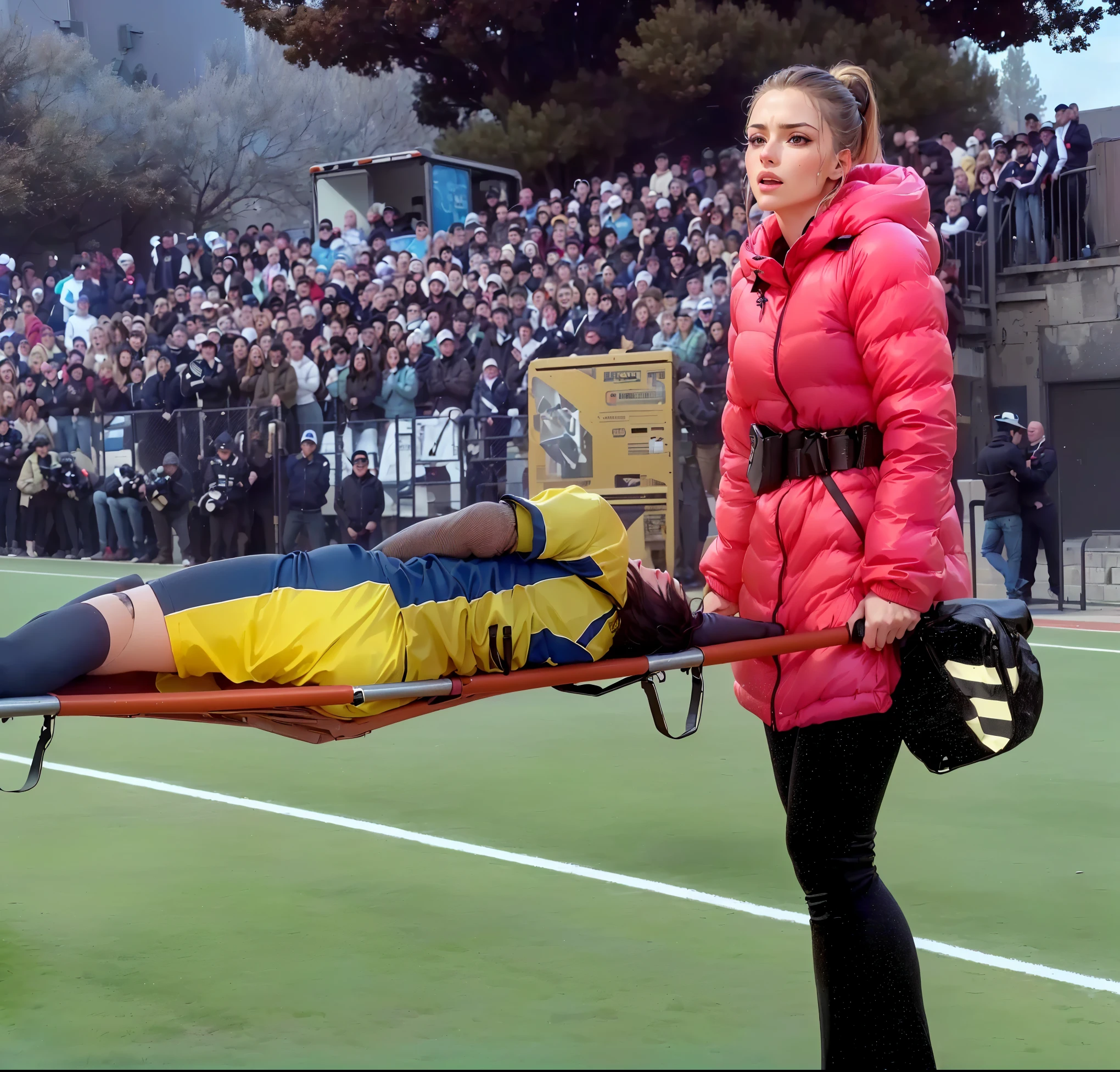 there is a man laying on a stretcher being carried by a woman, there is an injured man in a sports outfit who is covering his face with his right arm, an injured sports-star is holding his face with his right hand, the injured athlete is screaming out in pain, injured, photo, photorealistic, photography, there is a photo of a beutiful middleaged woman in a high-shine padded jacket who is carrying a stretcher inside a sports arena, there is a very shocked looking middleaged woman in high-shine puffer-jacket, a horrofied crying woman with glasses is wearing a shiny downjacket, Moncler, laquered black-and-white downjacket, there is a young blond sportsman lying on his back on a stretcher, the sportsman on the stretcher is wearing a short sports outfit, there is a stretcher that is shining because of the pvc-fabric, the sportsman om the stretcher has put both hands over his agonised face, dramatic action pose, dramatic pity pose, dramatic rescue pose, first aid, medical scene, sports injury