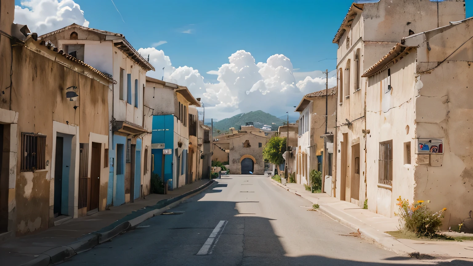 photo panoramic, un pueblo antiguo, con casas en ruinas, calles enpedradas, cielo azul con algunas nubes, al fondo una antigua iglesia, f/16, 135mm, Sony FE GM, Nikon, 360 view, first-person view, cinematic lighting, reflection light, ray tracing, high quality, 8k, 16k, highres, best quality, award winning, high details, super detail, anatomically correct, masterpiece