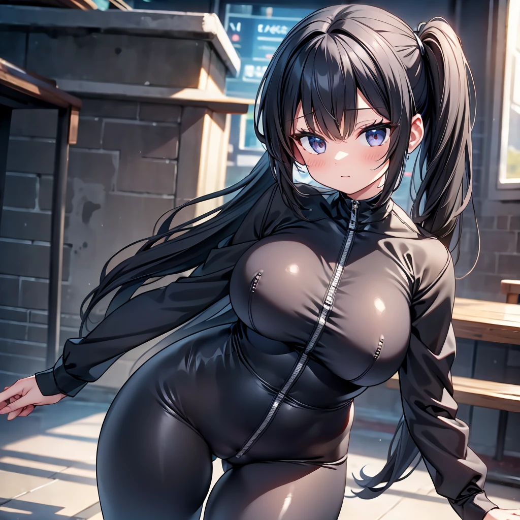 highest quality,wonderful,finely,extremely detailed CG Unity 8K wallpaper, (1 girl, Black Hair, side ponytail),(huge breasts:1.1),(catsuit:1.3), (black stockings:1.1),(Thighs:1.1),(Waistline:1.1)