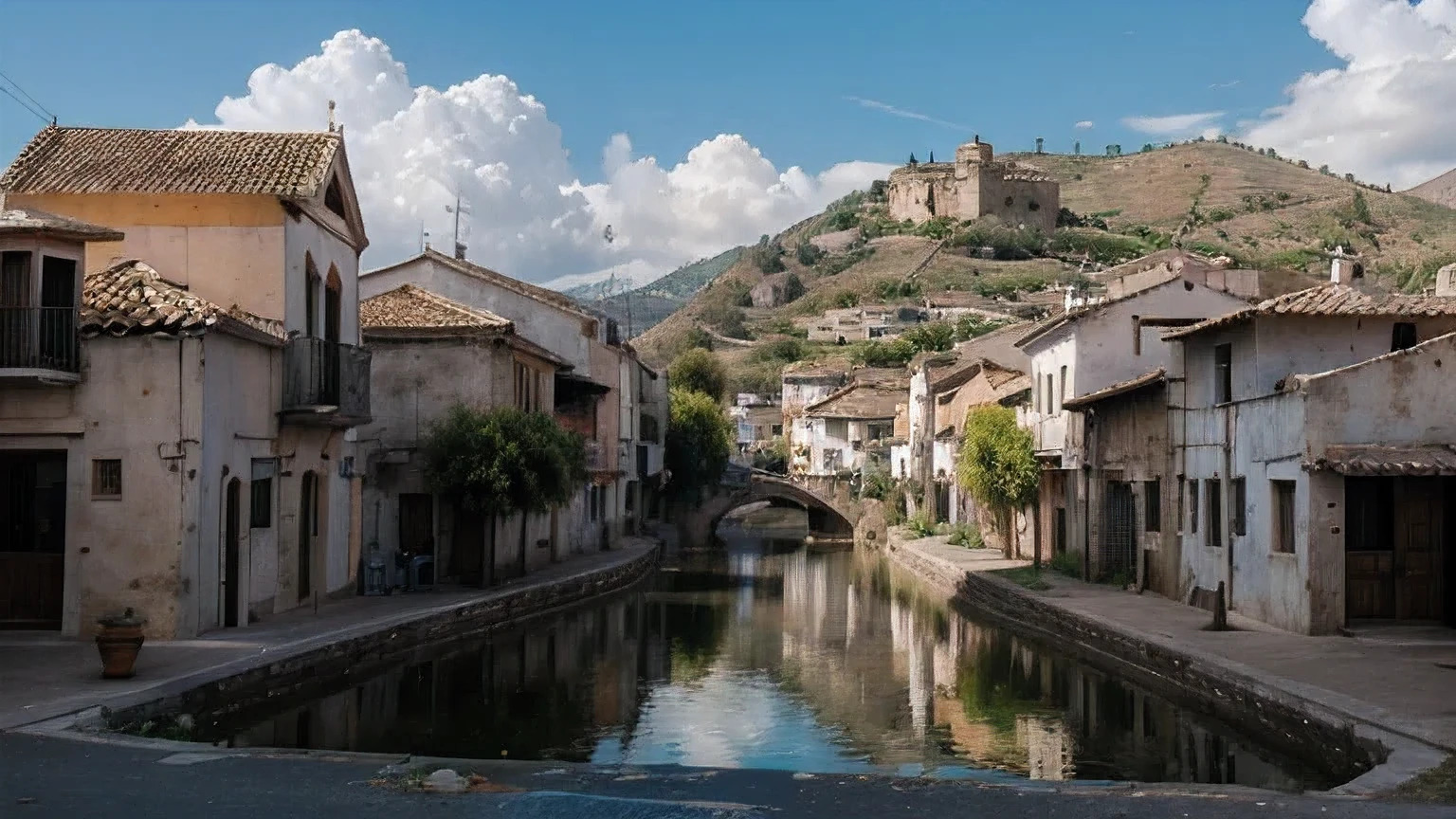 photo panoramic, un pueblo antiguo, con casas en ruinas, calles enpedradas, cielo azul con algunas nubes, al fondo una antigua iglesia, f/16, 135mm, Sony FE GM, Nikon, 360 view, first-person view, cinematic lighting, reflection light, ray tracing, high quality, 8k, 16k, highres, best quality, award winning, high details, super detail, anatomically correct, masterpiece