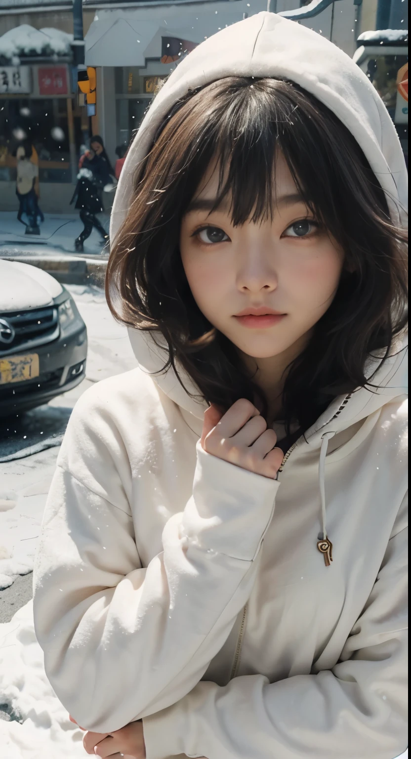 In the style of anime, A mysterious young woman in a hoodie, shivering from the cold, sad eyes, looking the viewer, the setting is a silent, in street with heavy snow falling and her attire is an ornate fusion of traditional Asian culture and futuristic fantasy. Every detail of her face and costume is presented in extreme close-ups，The level of detail is extraordinary. artist: Shin