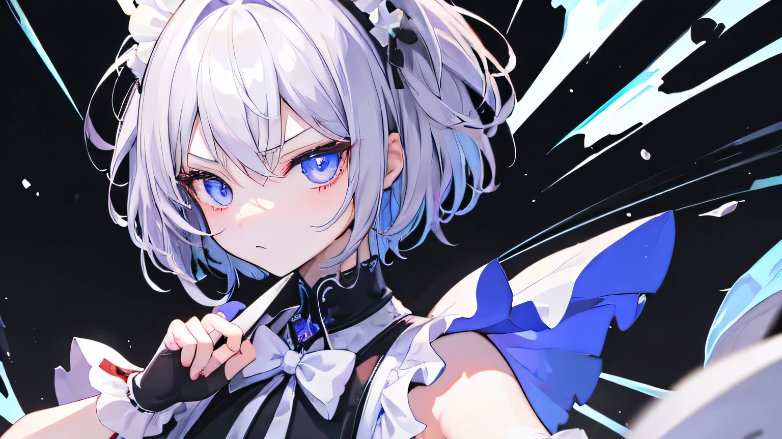 ((masterpiece、highest quality))、1 girl、human、short hair、silver(Short Hair)、Maid、maid clothes、skirt、black skirt、socks、Black socks、anime、cool、Flat Chest、Perfect eyes staring at the viewer、Portrait、Cold Eyes、Ready to Battle、Intimidating、I have a knife(I put it in front of me)、The background has an aura、Glaring at the camera(angry),、Standing、eyes are blue(beautiful)、Your eyes are beautiful、Highlight the face