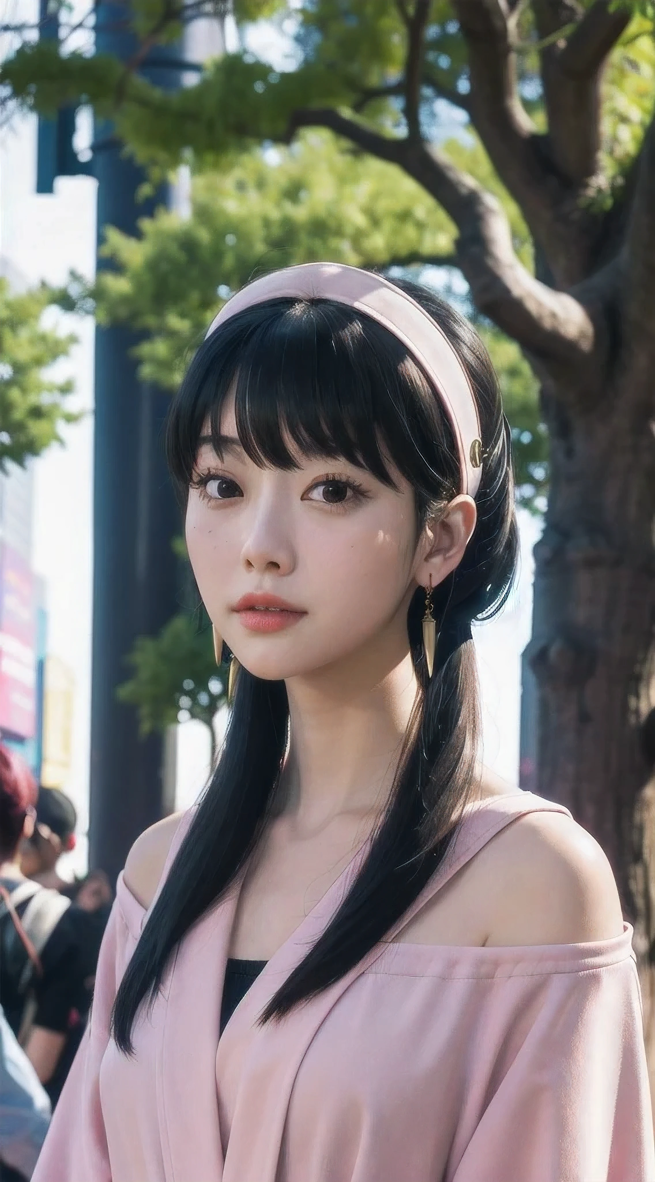 yor, Mature female, bangs, side locks, Red eyes, pink hair, hair adornments,sportrait, (face:1.2), 26 years old schoolgirls,bare shoulders, walking at time square buzz, (Robe:1.21), clavicle, Willow Branch, (masterpiece best quality :1.2),