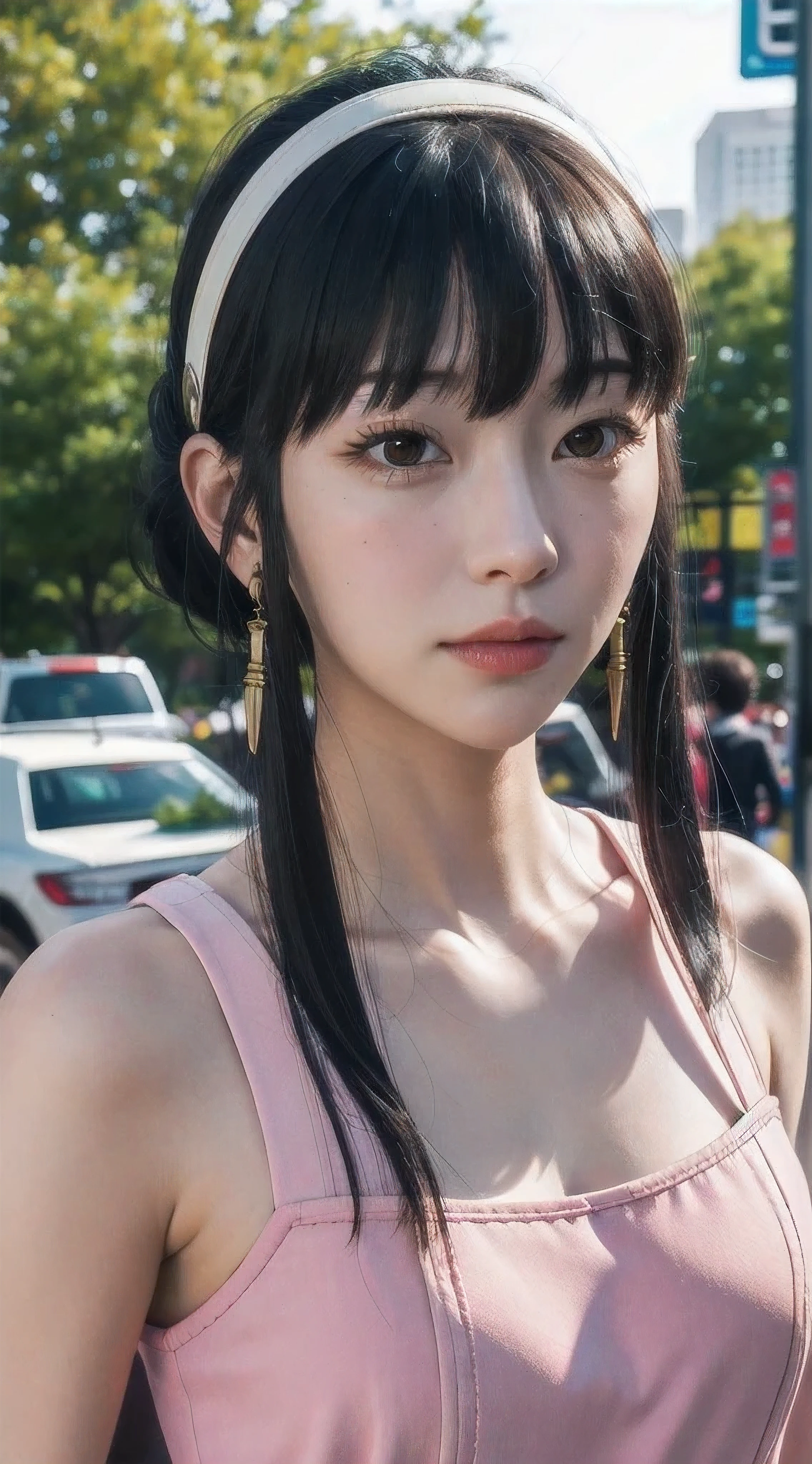 yor, Mature female, bangs, side locks, Red eyes, pink hair, hair adornments,sportrait, (face:1.2), 26 years old girls,bare shoulders, walking at time square buzz, (Robe:1.21), clavicle, Willow Branch, (masterpiece best quality :1.2),