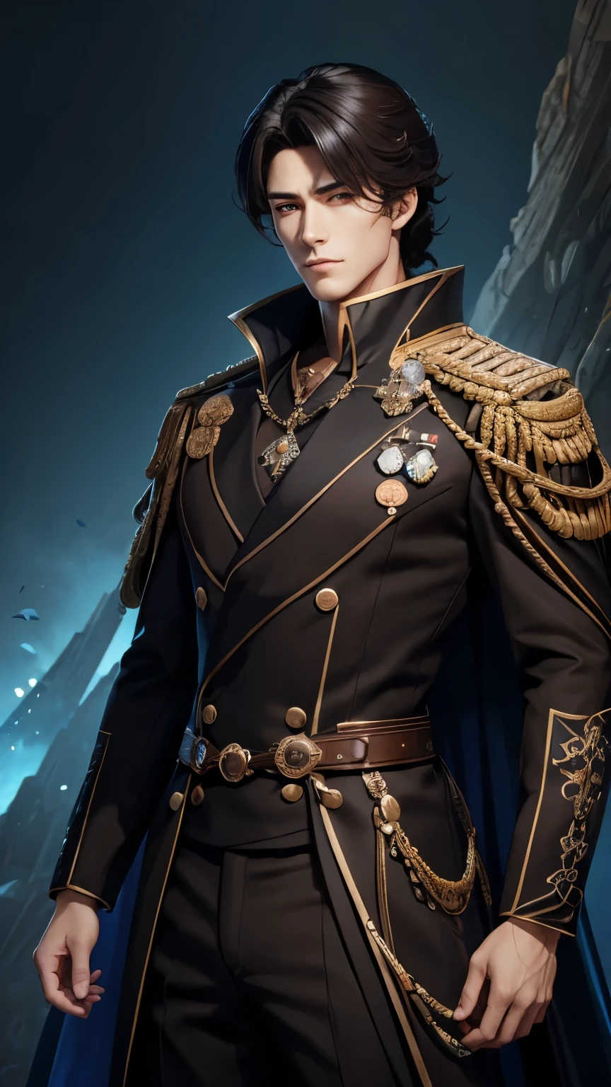 (best quality)), ((masterpiece)), (detailed), portrait full body perfect face handsome manhwa style, fantasy manhwa design, sharp eyes, leader figure, firm face , broad chest, half updo brown black hair. . royal military suit, misterious, extremely detail fantasy male concept,manhwa-male design,looking at viewer, kingdom background, blue and dark atmosphere
