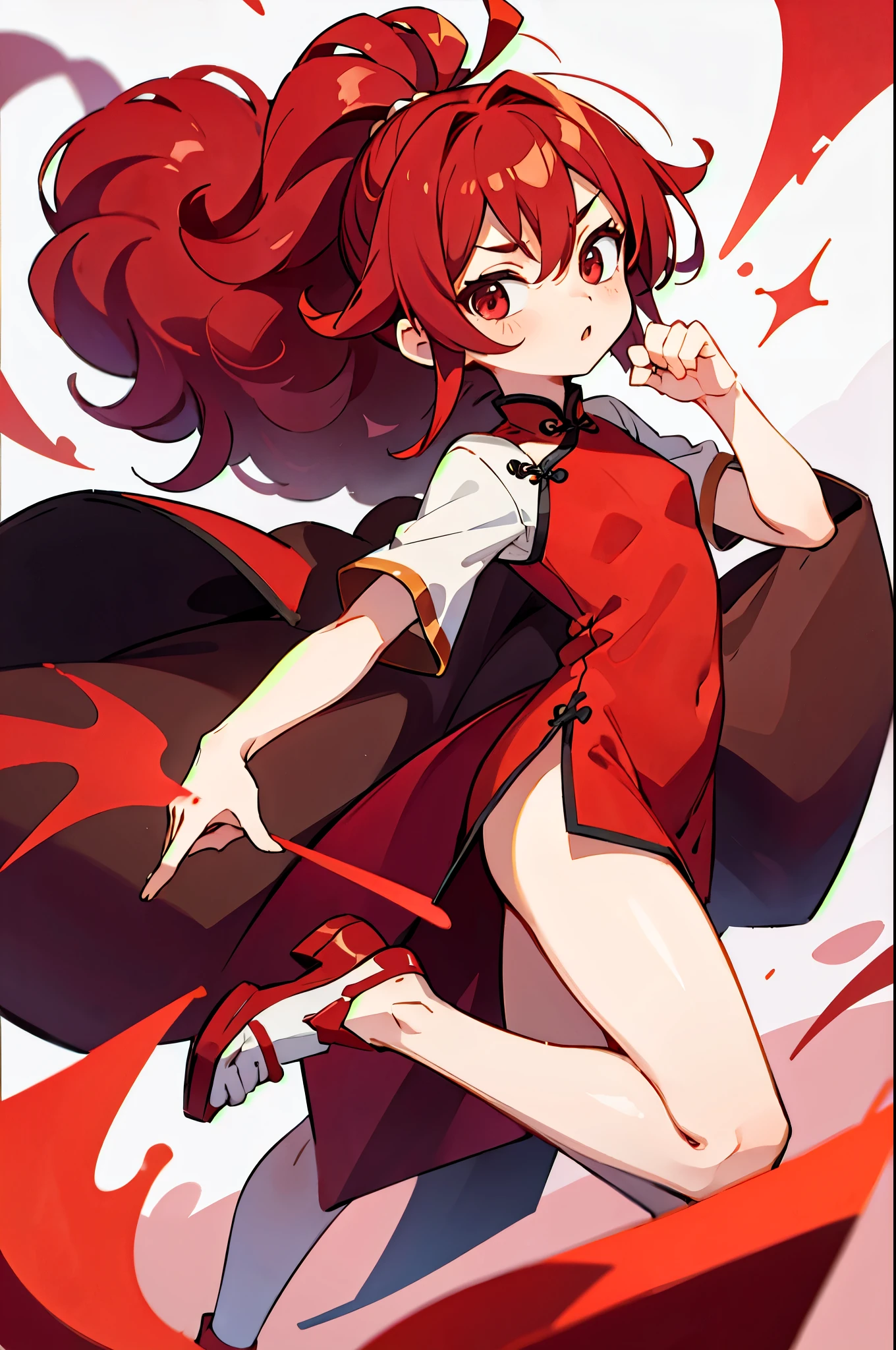 highest quality, masterpiece,China dress、Crimson Hair、Hair between the eyes、ponytail、Brat、Saucy、8age、Small breasts、Dynamic Angle、kicking pose、Curly hair、Ahoge、