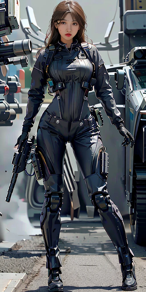 Highest image quality, outstanding details, ultra-high resolution, (realism: 1.4), ((full body:0.5, looking at front)), highly condensed 1girl, with beautiful and a delicate face, ((shooting a machinegun)), (wearing racing suit likes police uniform, black and gray mecha, wearing a night-vision goggle, military harness, holding a machinegun), background simple grey wall,