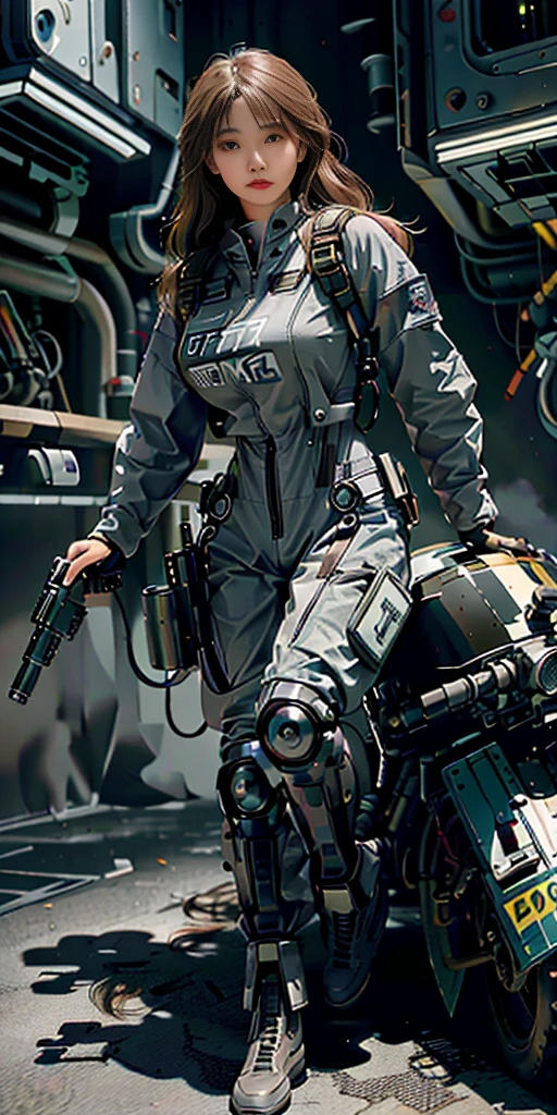 Highest image quality, outstanding details, ultra-high resolution, (realism: 1.4), ((full body:0.5, looking at front)), highly condensed 1girl, with beautiful and a delicate face, ((shooting a machinegun)), (wearing racing suit likes police uniform, black and gray mecha, wearing a night-vision goggle, military harness, holding a machinegun), background simple grey wall,