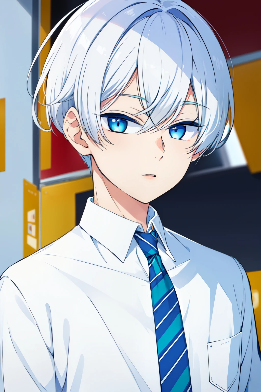 Boy, white hair, blue eyes, sharp features, white skin, sweater, jacket