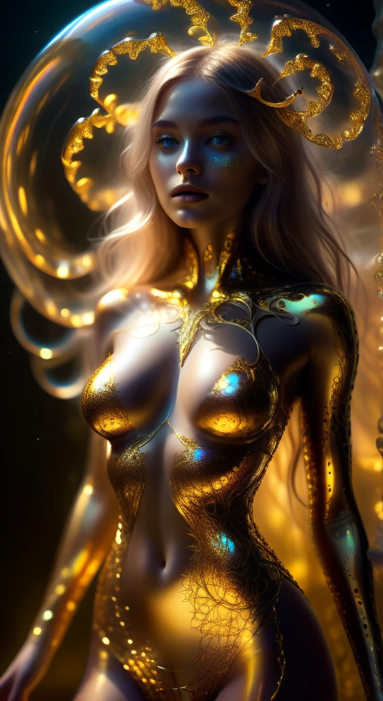 Woman with shiny translucent fractal skin, whole body, Large Breasts，Swirling organic pattern, Energetic, Ultra HD, Bright colors, perfect composition, Soft natural volumetric cinema lighting, Amazing shadows, Black silhouette, Volumetric Light, (Movie Posters)，,A surreal dead girl with liquid gold eyes，insect