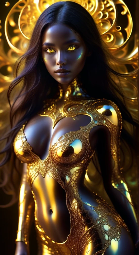 Woman with shiny translucent fractal skin, whole body, Large Breasts，Swirling organic pattern, Energetic, Ultra HD, Bright colors, perfect composition, Soft natural volumetric cinema lighting, Amazing shadows, Black silhouette, Volumetric Light, (Movie Posters)，,A surreal dead girl with liquid gold eyes，insect