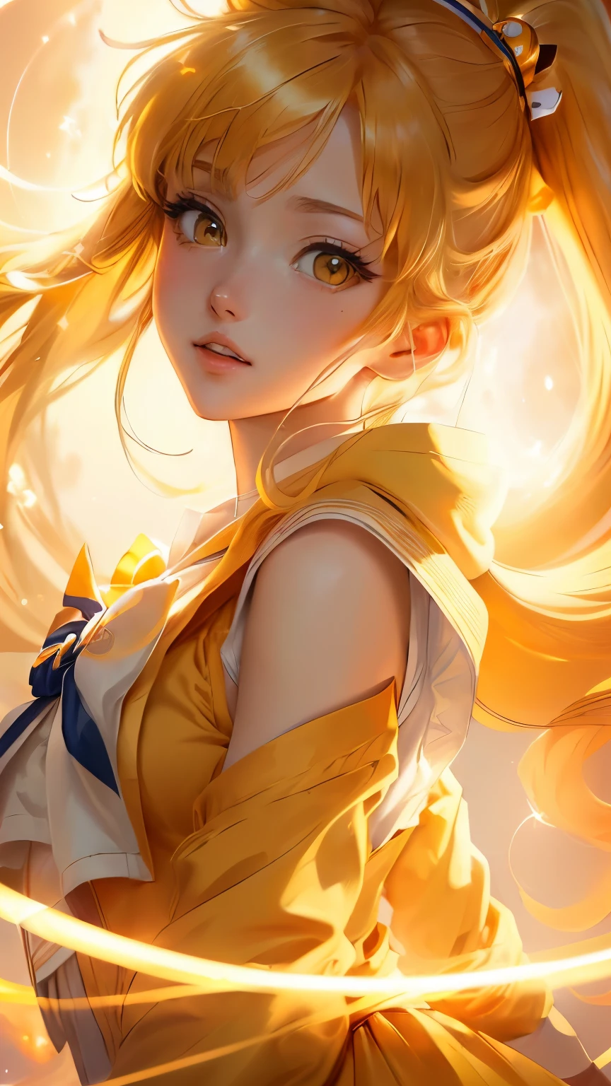 anime girl with hazel eyes and yellow hairs flowing in the air, wearing sailor suit, looking up to air, sailor venus, sailormoon anime, masterpiece, best quality, (extremely detailed CG unity 8k wallpaper), (best quality), (best illustration), (best shadow), absurdres, realistic lighting, (Abyss), beautiful detailed glow, art by PeterMohrBacher,