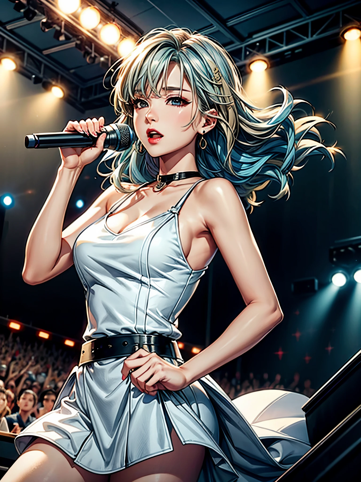 1 solo lady, k-pop artist, (Sing:1.2) (Dynamic poses:1.2), (Dress up in style), Mature female, /(Beige blonde with streaks and sky blue hair tail/), best quality:1.2), exquisite illustrations, Super detailed, Large Breasts, rest, (Holding a microphone) , one hand raised, face to audience, rest, (Music Stage) indoors, Spotlights of various colors, audience, 