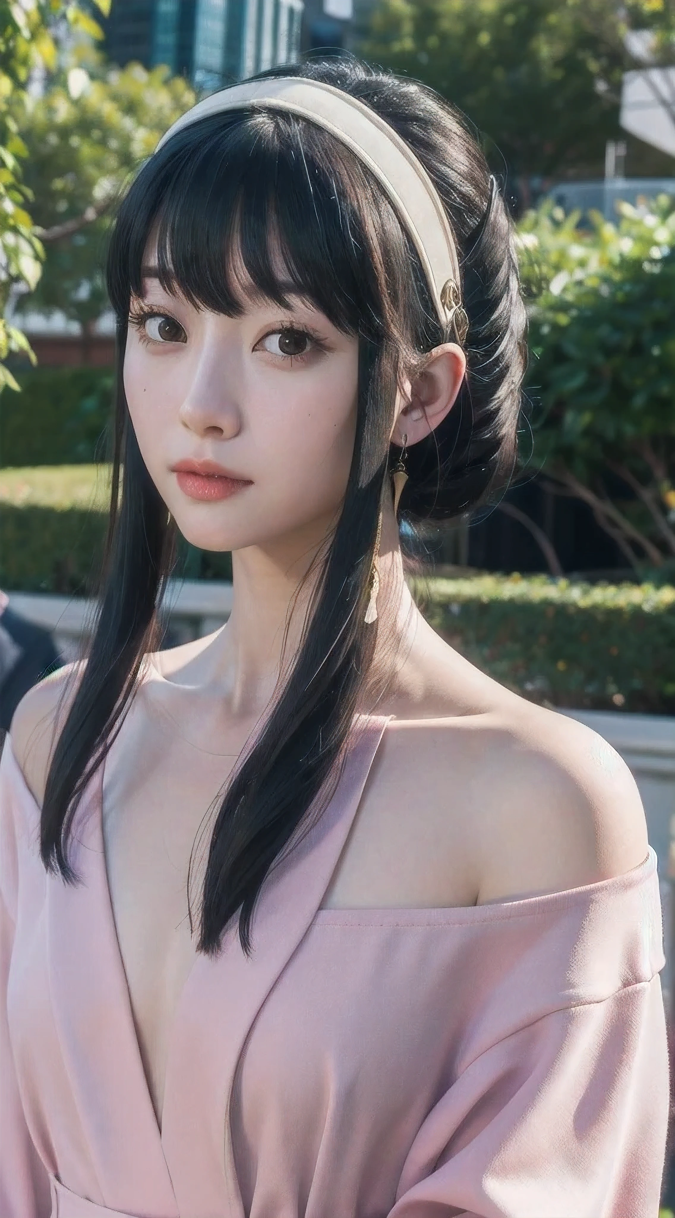 yor, Mature female, bangs, side locks, Red eyes, pink hair, hair adornments,sportrait, (face:1.2), 26 years old girls,bare shoulders, walking at time square buzz, (Robe:1.21), clavicle, Willow Branch, (masterpiece best quality :1.2),