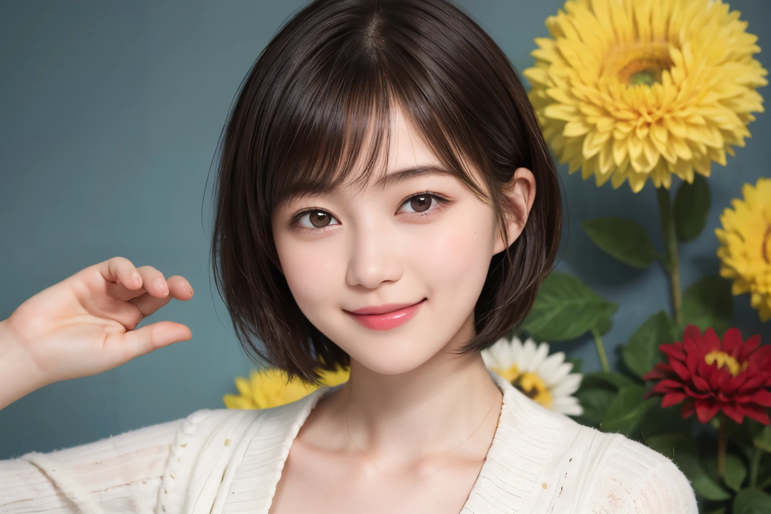215 Short Hair, 20-year-old woman, A kind smile, Floral