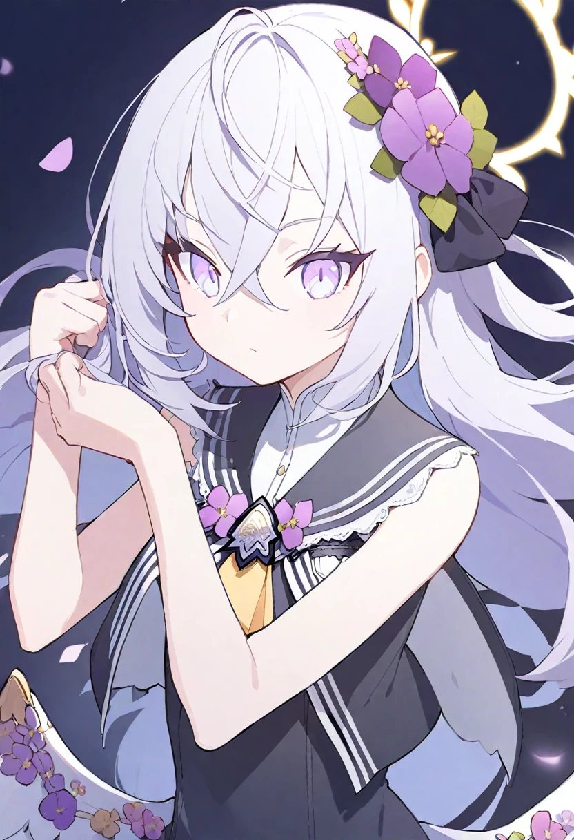 azusa \(blue archive\),AddXL,1girl bare_arms bare_shoulders breasts closed_mouth dress flower grey_hair hair_between_eyes hair_flower hair_ornament hands_up holding holding_hair long_hair low-cut_armhole pink_flower pleated_dress purple_eyes purple_flower sleeveless sleeveless_dress small_breasts solo very_long_hair white_background
