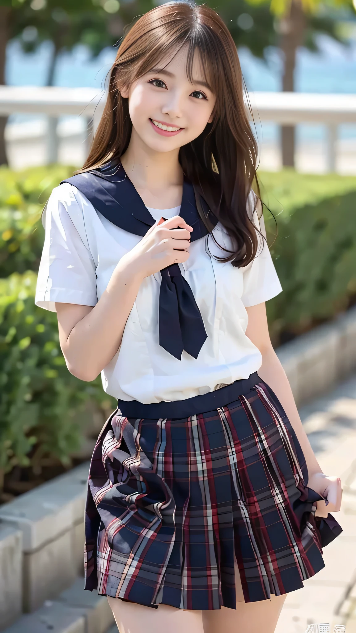 Japanese Ido ,((cute ,Baby Face:1.2)),(8K, Raw photo, Ultra-detailed, highest quality:1.2), (Realistic, Photorealistic:1.4), Extremely detailed, 超A high resolution ,beautiful, ,Highly detailed face and eyes,Glowing Skin,(Professional Lighting,Soft Light, Sharp focus, Depth of written boundary、(Black Hair)、 ( high school girl:1.3),(smile:1.3),uniform、mini skirt、Raise your index finger、15-year-old girl、beautiful girl、whole body、(Navy blue pleated skirt)、((Sailor suit))、one person、(artificial human world１８No. hairstyle),、、Skirt lift、 face、Ocean、（Detailed vagina）、Pink、（Show your vagina）、((Showing pussy))、((vagina))、（Show me your pussy）、((Stand straight ahead))、(Detailed pussy)、(pubic hair)