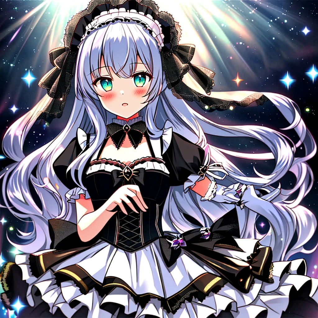 One girl, Extremely detailed, ta, Loliashion, Frills, Complex and glamorous, gloves, Afternoon tea, Ponette is, Curly Hair, Macaroons, cream, colorful, Gradient dye, Candy, Shiny crystal, Shiny, Particles of light, Dynamic pose, dramatic composition, candy hair accessories, colorful skirts, pearl, Flowers, embroidery, Bejeweled, Flat Chest, Diamond-studded gauze skirt, flight, Jumping, Veil, Transparent blouse, lace gloves, Delicate facial depiction, whole body, whole body, Opal-like eyes