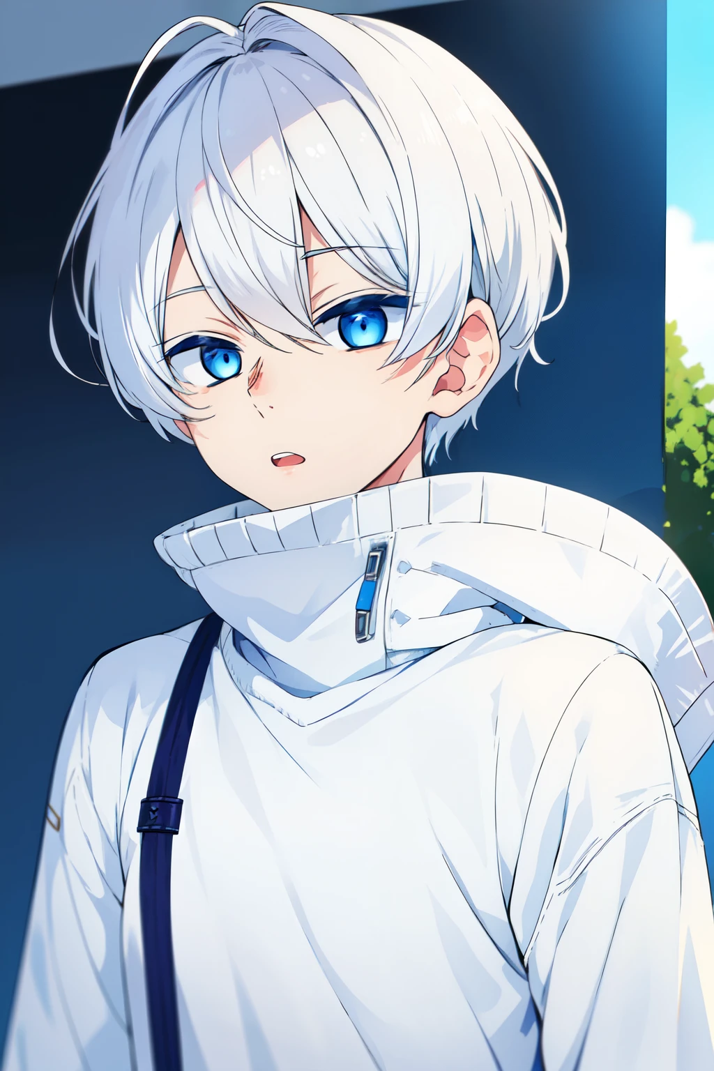 Boy, white hair, blue eyes, sharp features, white skin, sweater, jacket