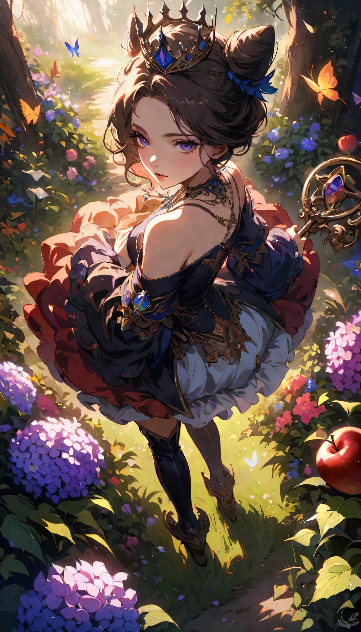 ((Extreme details)),(Super detailed),(), Chiaroscuro, Extremely detailed CG Unity 8K wallpaper, Gwendolyn, Hip feathers, Holding the lever arm, Off the shoulder dress, crown, Separate sleeves, Necklace, armored thigh boots, feather bun, Facing forward, Looking at the audience, White background, Vulnerabilities, Butterfly, Grass, Hydrangea, Yoko, mushroom, nature, plant, apple, Look away, look up, from above,
