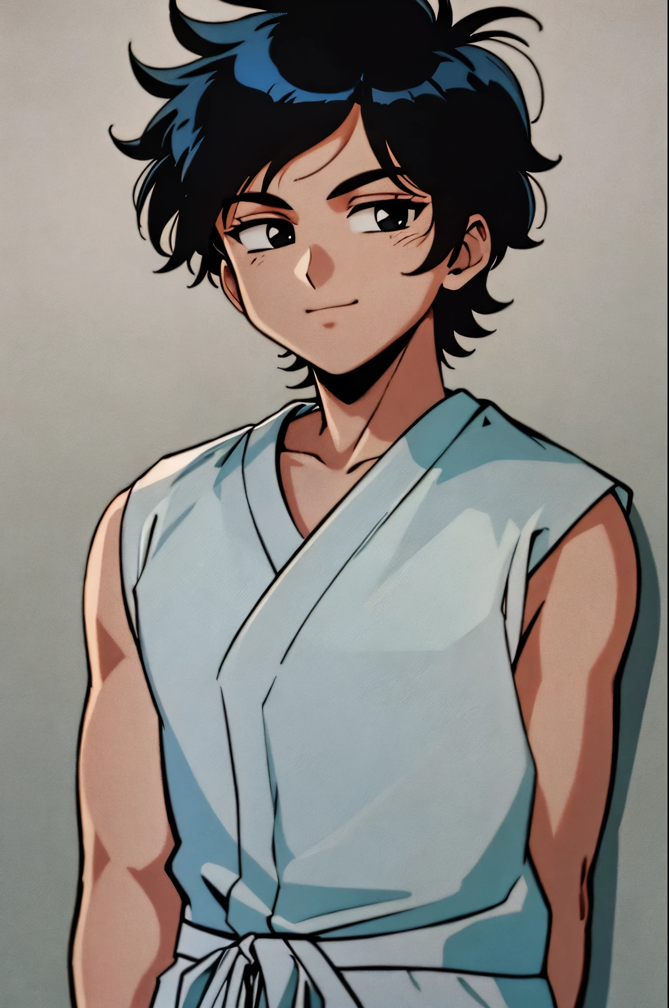 retro artstyle, masterpiece, best quality, cel shaded, bright colors, 1boy, solo, male focus, young boy, black hair, messy hair, black eyes, youthful smile, healthy pale skin, youthful frame, sleeveless kimono, looking at viewer, staring straight ahead, upper body shot, simple background