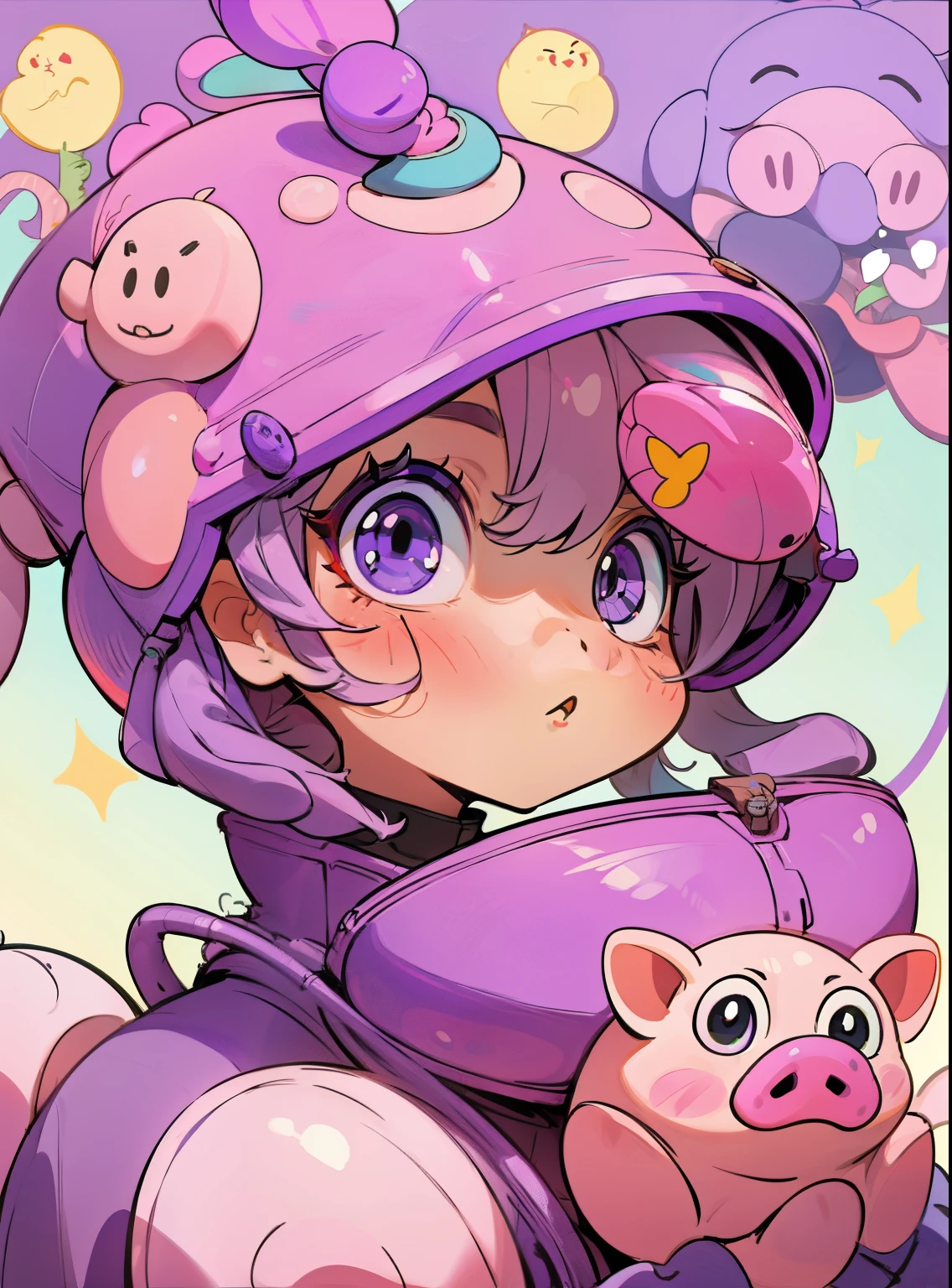 purple girl, piglet helmet, cute,