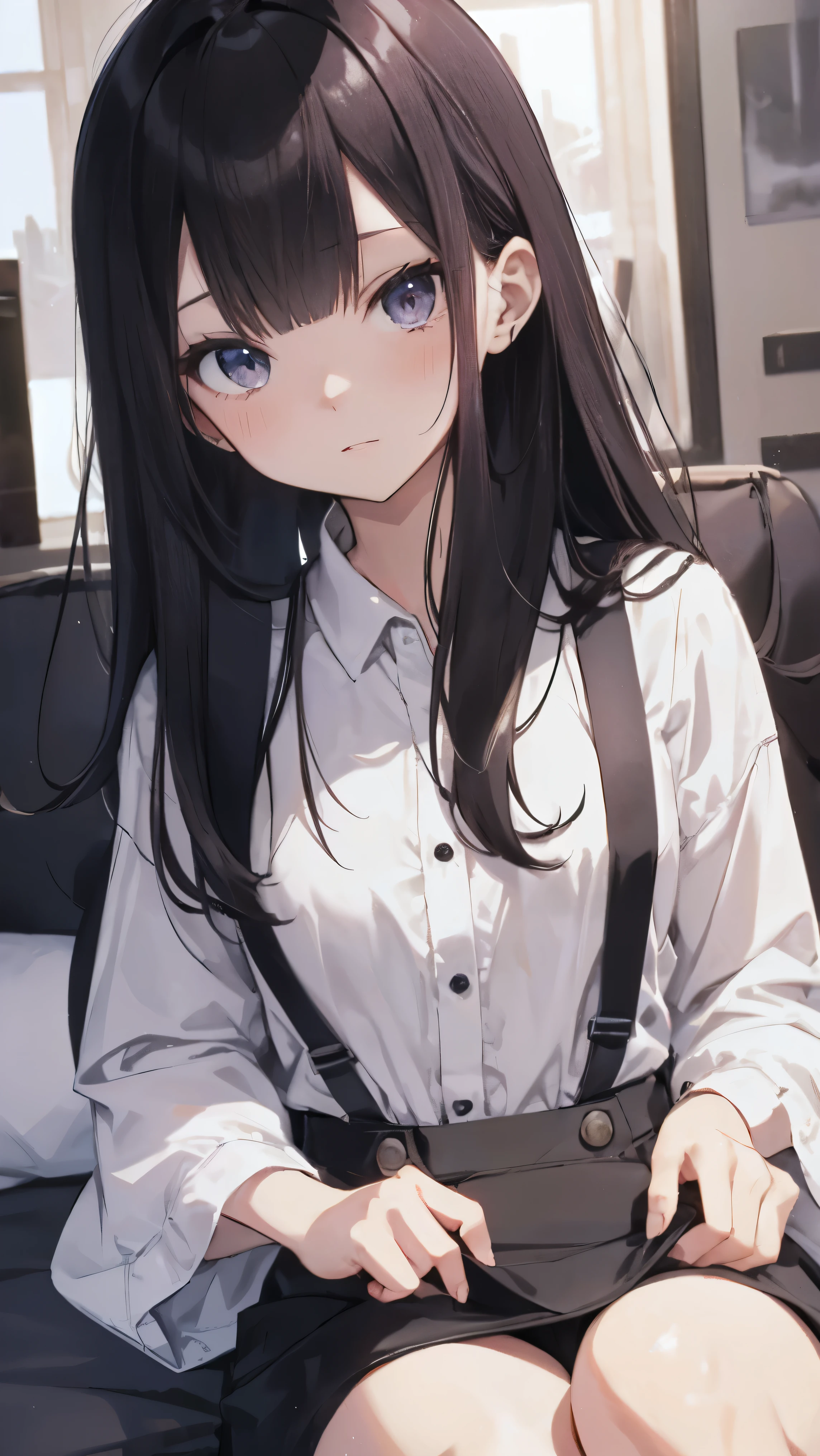 Masterpiece、Highest quality、highest quality、Black Hair、(((Lori)))、 ((Petite))、Shiny hair quality、Small face、Sitting、Super detailed, beautiful, wide eyes、Ultra-detailed, clear and beautiful faces、(cute illustration:1.2), High-resolution, ultra-detailed, best quality, embarrassed
