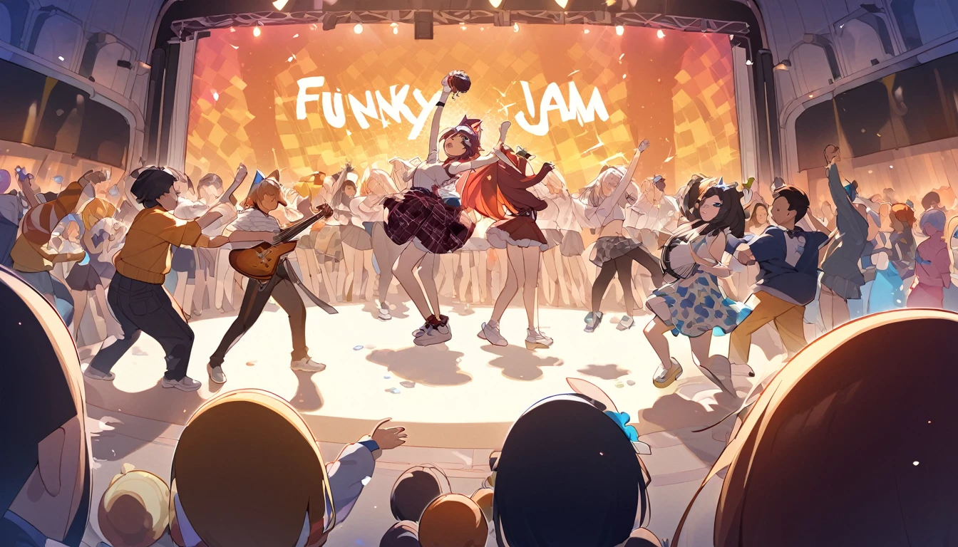 A live band playing funk music with a crowd of people dancing - "Funky jam session",cat ear