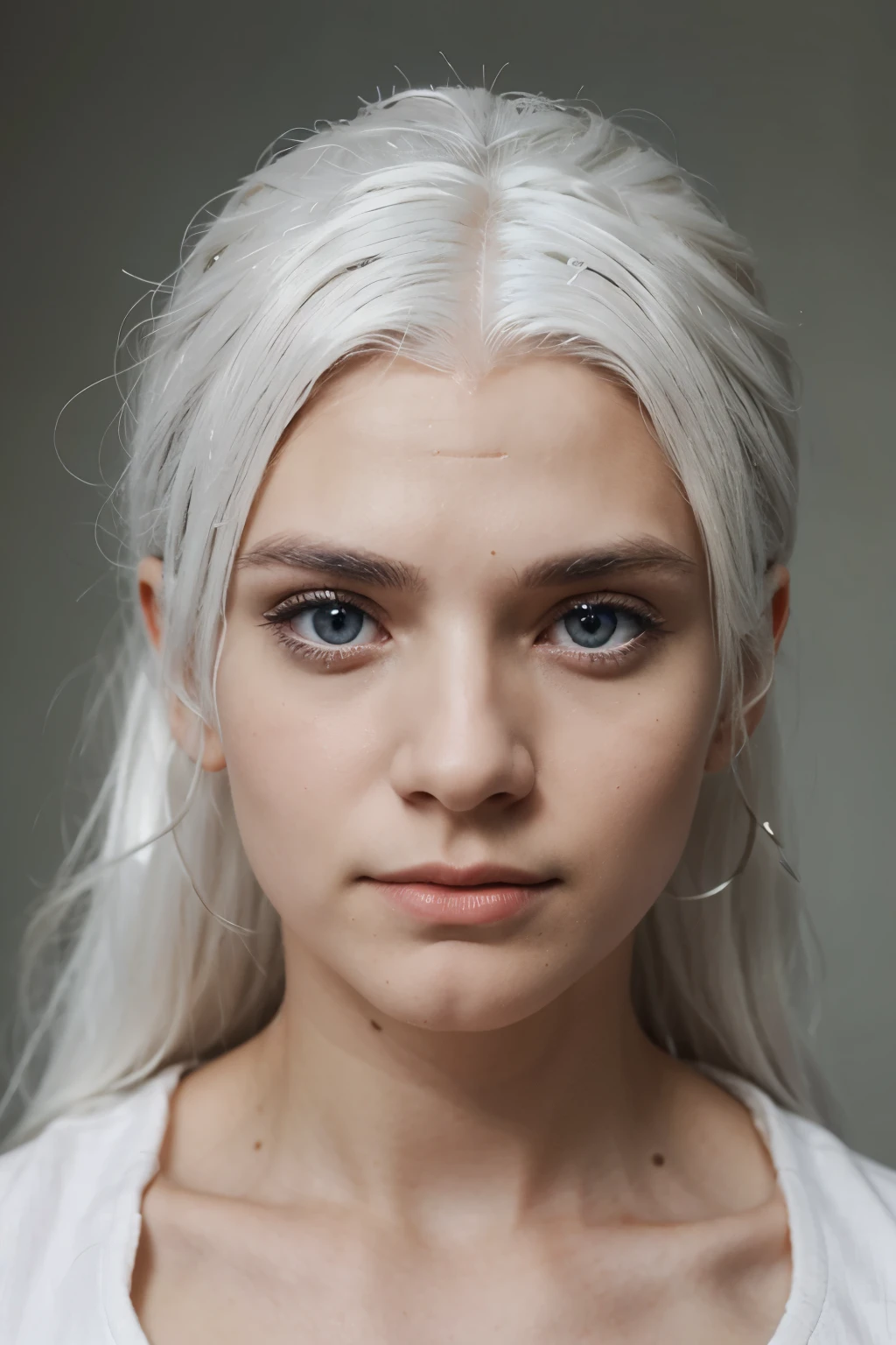 a person with white hair with three eyes who mesure 2m10 which is not human because of his one open  eyes on his forehead
