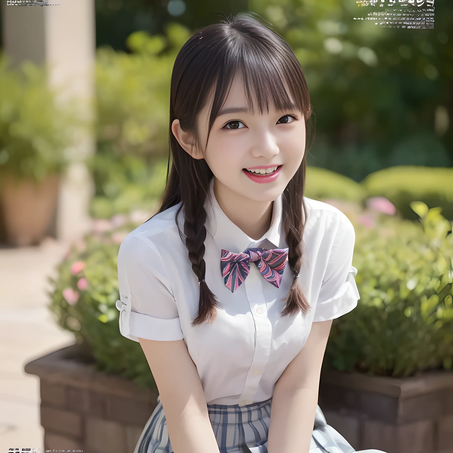 (highest quality、masterpiece:1.2)、highest quality、Realistic、photograph、High resolution、1080p、8K、Fair skin, especially face, Physical Rendering、((Height: 155cm)), one Japanese girl、(((((( beautiful Japanese magazine fashion model looking at the viewer)))))), school summer uniform, (((big very detailed beautiful dark brown eyes))), ((((impressive plain navy large school ribbon bow tie in plain)))), ((((black very beautiful and very very long straight straight hair)))), ((((A light gray box-pleated box-pleated skirt)))), ((A yellow ivory colored blouse with puffed short sleeves and frills)), (((((((laughing cutely and looking at me!))))))), detailed fingers, (((curled blunt bangs))), ((Very large and cute eyes, carefully drawn with great attention to detail)), ((double eyelids)), (((long eyelashes))), ((cute lovely lovely laughing laughing cheeks)), ((Pure white light hits her face from above and in the front, making her skin and eyes shine beautifully.)), ((Strong light hits the nose and cheeks、It brings out the richness of the expression.)), ((The skirt is very cute)), (((((Her facial features are very expressive lovely smile, very very cute, very very intelligent.))))), (((Shooting from the side)))