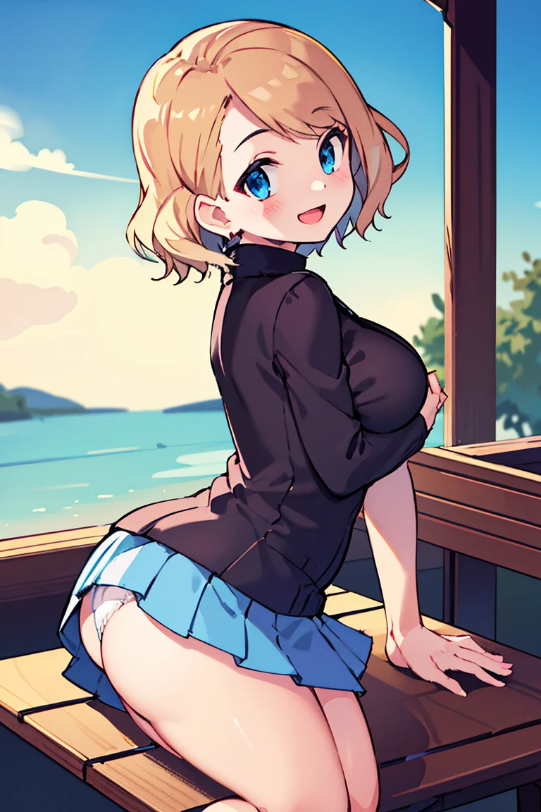 masterpiece, best quality, highres, serena \(pokemon\), short hair, blue earwear, blue eyes, 1girl, solo, sweater vest, blue skirt, checkered skirt, short skirt, bangs, turtleneck sweater, sitting, side view, view from side, curvy, smiling, happy, medium breasts, ager, lake, bench, skinny, hands on thighs, open mouth, looking at camera, jewelry, facing camera, slightly leaning forward,NSFW,Undressing,White underwear,Completely naked,Naked