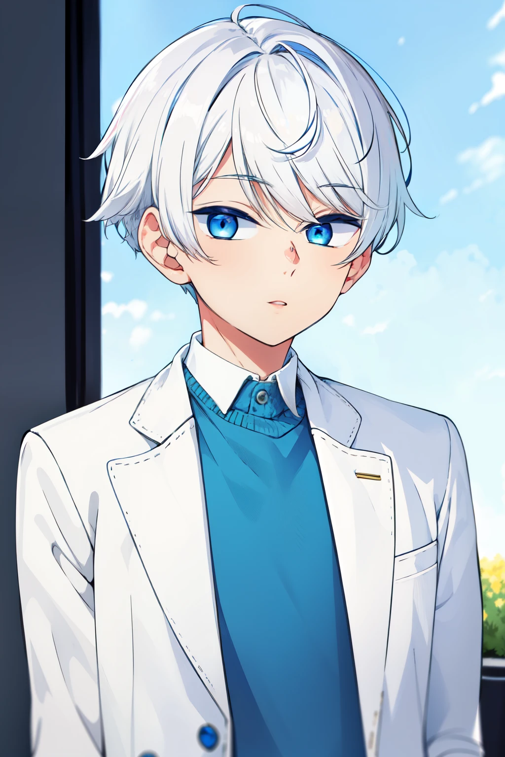 Boy, white hair, blue eyes, sharp features, white skin, sweater, jacket