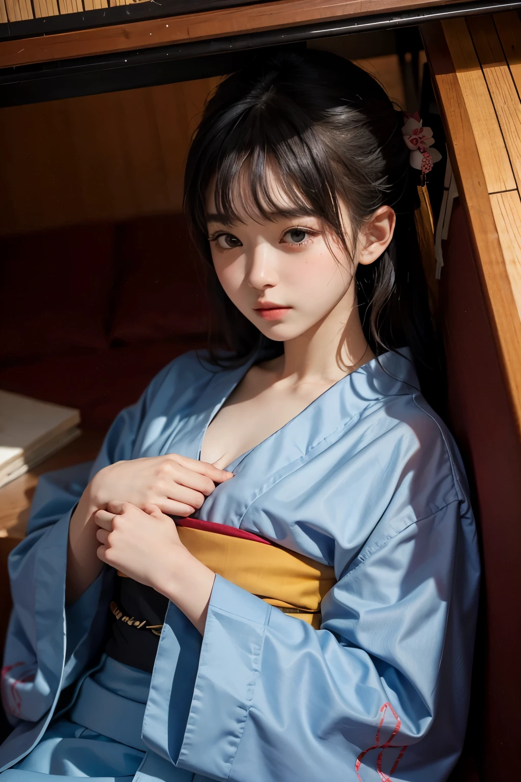 18 years old、beautiful girl、Small breasts、sleeping under the kotatsu、Wearing a hanten over a yukata