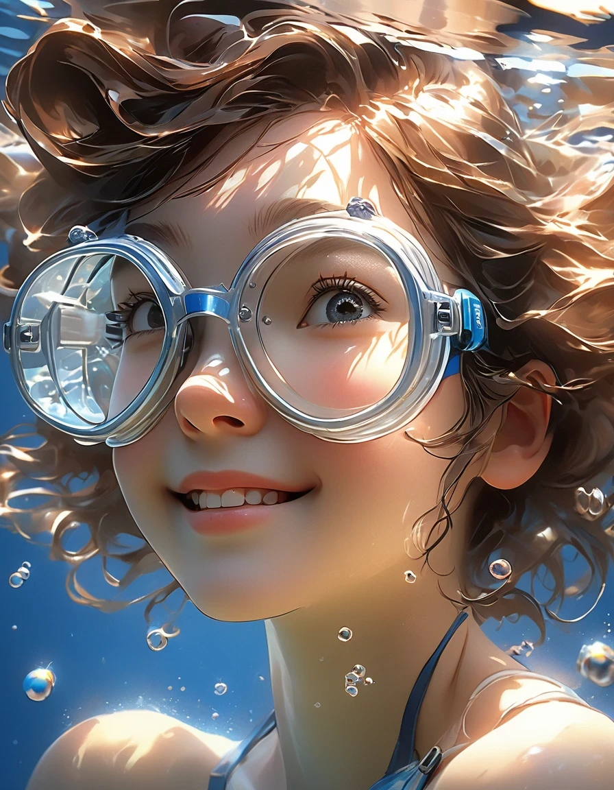 in style of Abigail Larson, beautiful details，girl swims underwater,diving， in the style of otomo katsuhiro, in a realistic hyper detailed render style, smile, glow, blue, zbrush, diving glasses, hyper realistic oil, head close up, exaggerated perspective, tyndall effect, water drops, mother of pearl iridescence, holographic white, blue background, realistic,