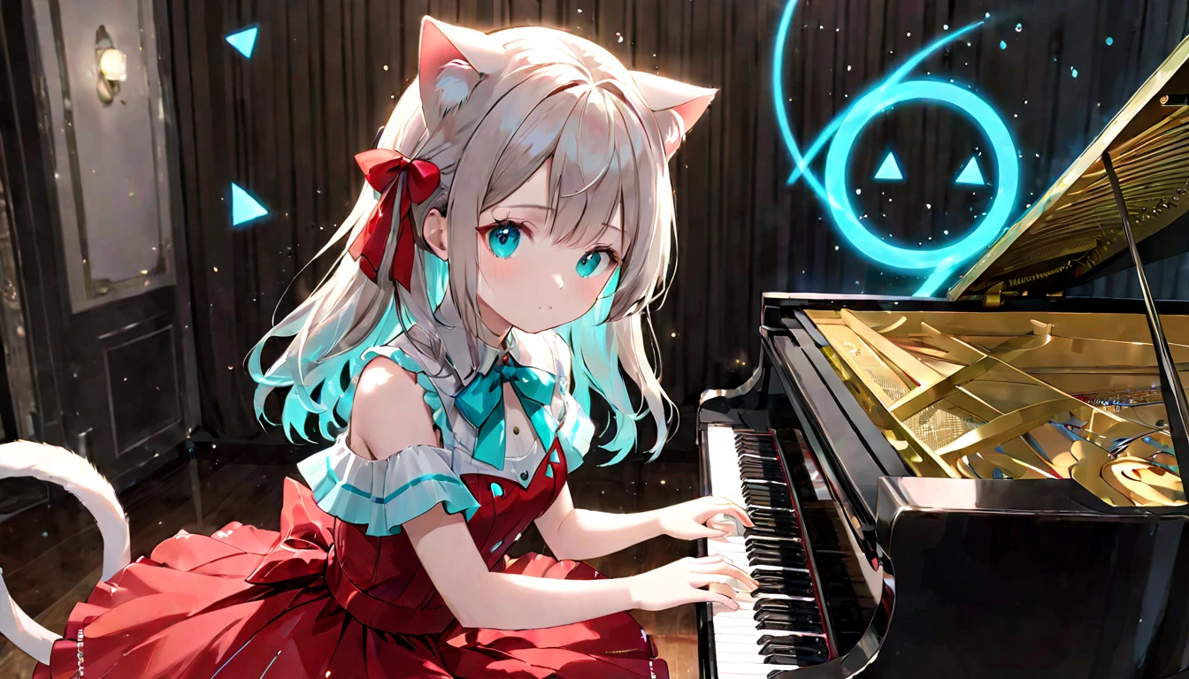 (masterpiece, best quality, very aesthetic, absurdres,general) ,
1girl, solo,、music room、Girl playing classical piano、Cat ear、clear eyes,artificial intelligence,Glowing triangular magic circle,Sad expression,BREAK ,beautiful girl,  red cut dress,Turquoise striped pattern, big red ribbon,ribon