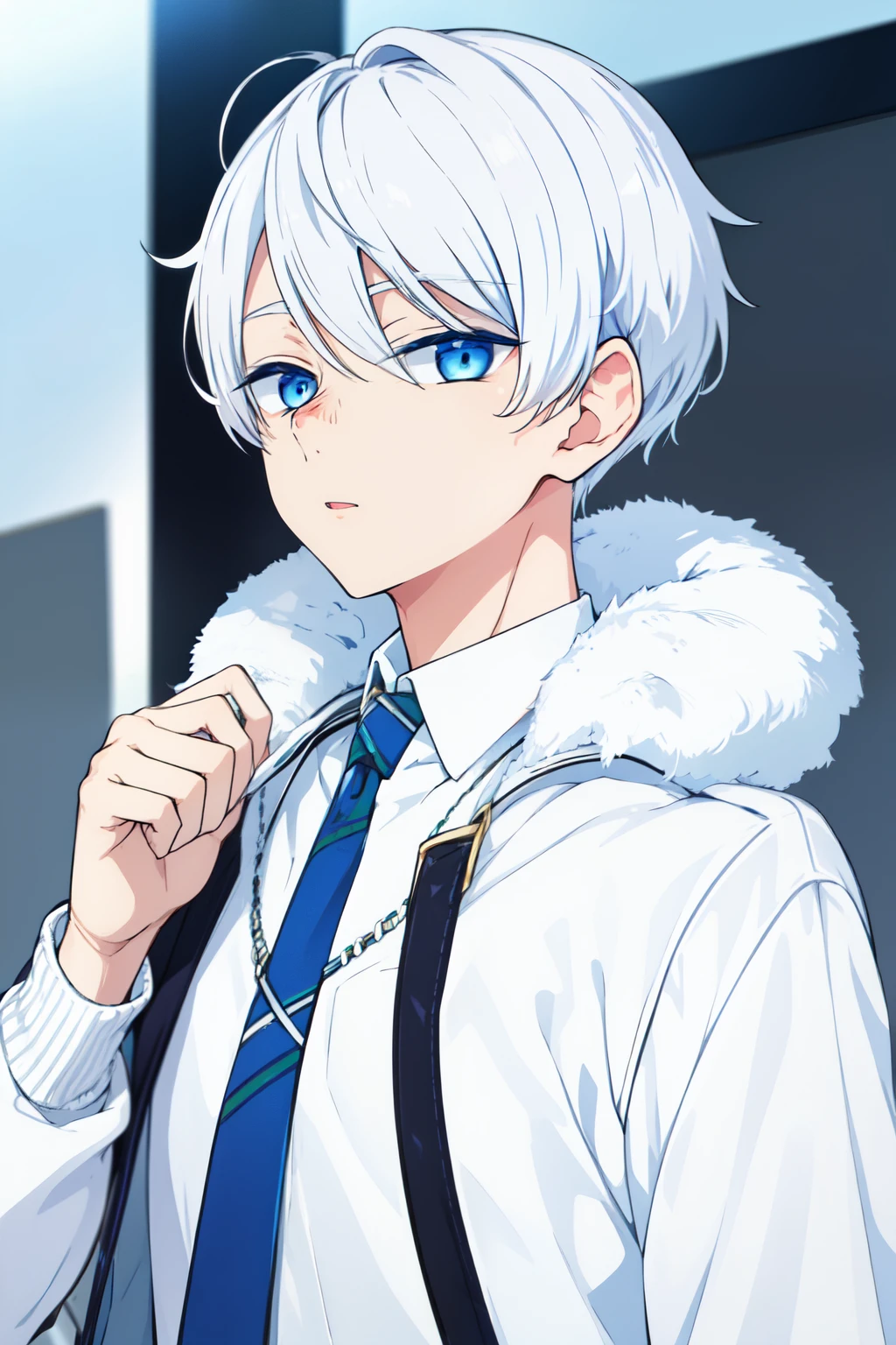 Boy, white hair, blue eyes, sharp features, white skin, sweater, jacket