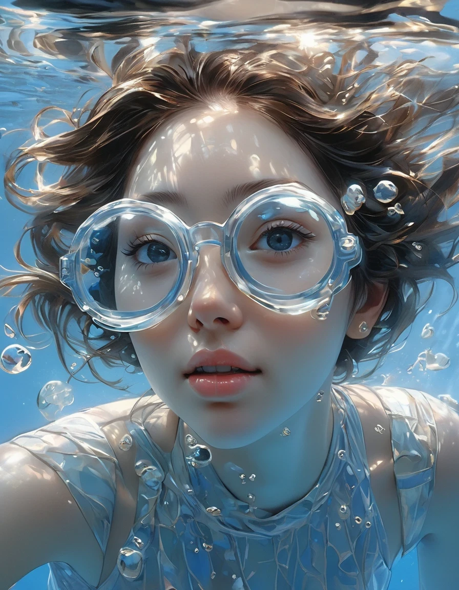 Pouting，Kissing action，Close one eye，in style of Abigail Larson, beautiful details，girl swims underwater,diving， in the style of otomo katsuhiro, in a realistic hyper detailed render style, smile, glow, blue, zbrush, diving glasses, hyper realistic oil, head close up, exaggerated perspective, tyndall effect, water drops, mother of pearl iridescence, holographic white, blue background, realistic,