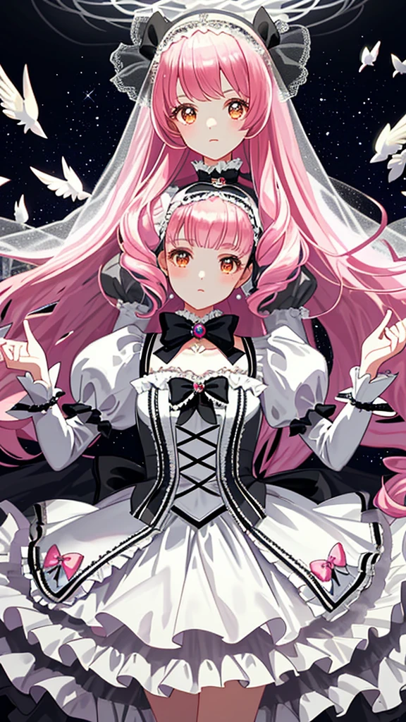 One girl, Extremely detailed, Lolita, Lolita fashion, Frills, Complex and glamorous, gloves, Afternoon tea, Ponette is, Curly Hair, Macaroons, cream, colorful, Gradient dye, Candy, Shiny crystal, Shiny, Particles of light, Dynamic pose, dramatic composition, candy hair accessories, colorful skirts, pearl, Flowers, embroidery, Bejeweled, Flat Chest, Diamond-studded gauze skirt, flight, Jumping, Veil, Transparent blouse, lace gloves, Delicate facial depiction, whole body, whole body, Opal-like eyes