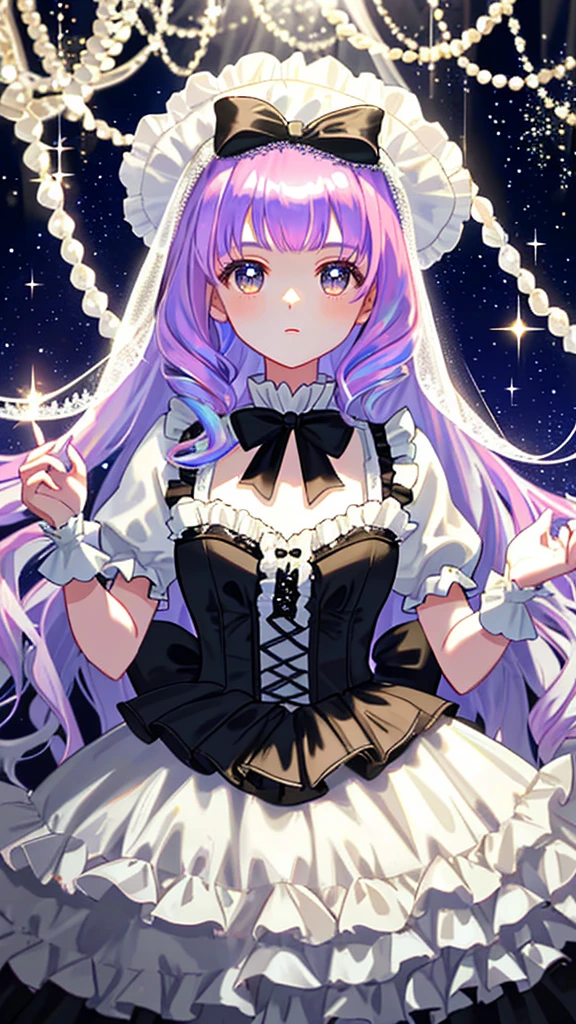 One girl, Extremely detailed, Lolita, Lolita fashion, Frills, Complex and glamorous, gloves, Afternoon tea, Ponette is, Curly Hair, Macaroons, cream, colorful, Gradient dye, Candy, Shiny crystal, Shiny, Particles of light, Dynamic pose, dramatic composition, candy hair accessories, colorful skirts, pearl, Flowers, embroidery, Bejeweled, Flat Chest, Diamond-studded gauze skirt, flight, Jumping, Veil, Transparent blouse, lace gloves, Delicate facial depiction, whole body, whole body, Opal-like eyes
