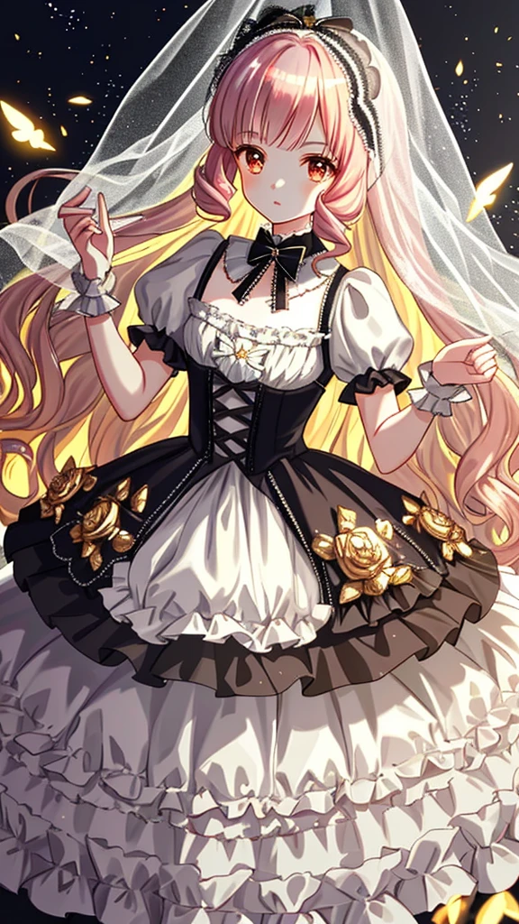 One girl, Extremely detailed, ta, Loliashion, Frills, Complex and glamorous, gloves, Afternoon tea, Ponette is, Curly Hair, Macaroons, cream, colorful, Gradient dye, Candy, Shiny crystal, Shiny, Particles of light, Dynamic pose, dramatic composition, candy hair accessories, colorful skirts, pearl, Flowers, embroidery, Bejeweled, Flat Chest, Diamond-studded gauze skirt, flight, Jumping, Veil, Transparent blouse, lace gloves, Delicate facial depiction, whole body, whole body, Opal-like eyes